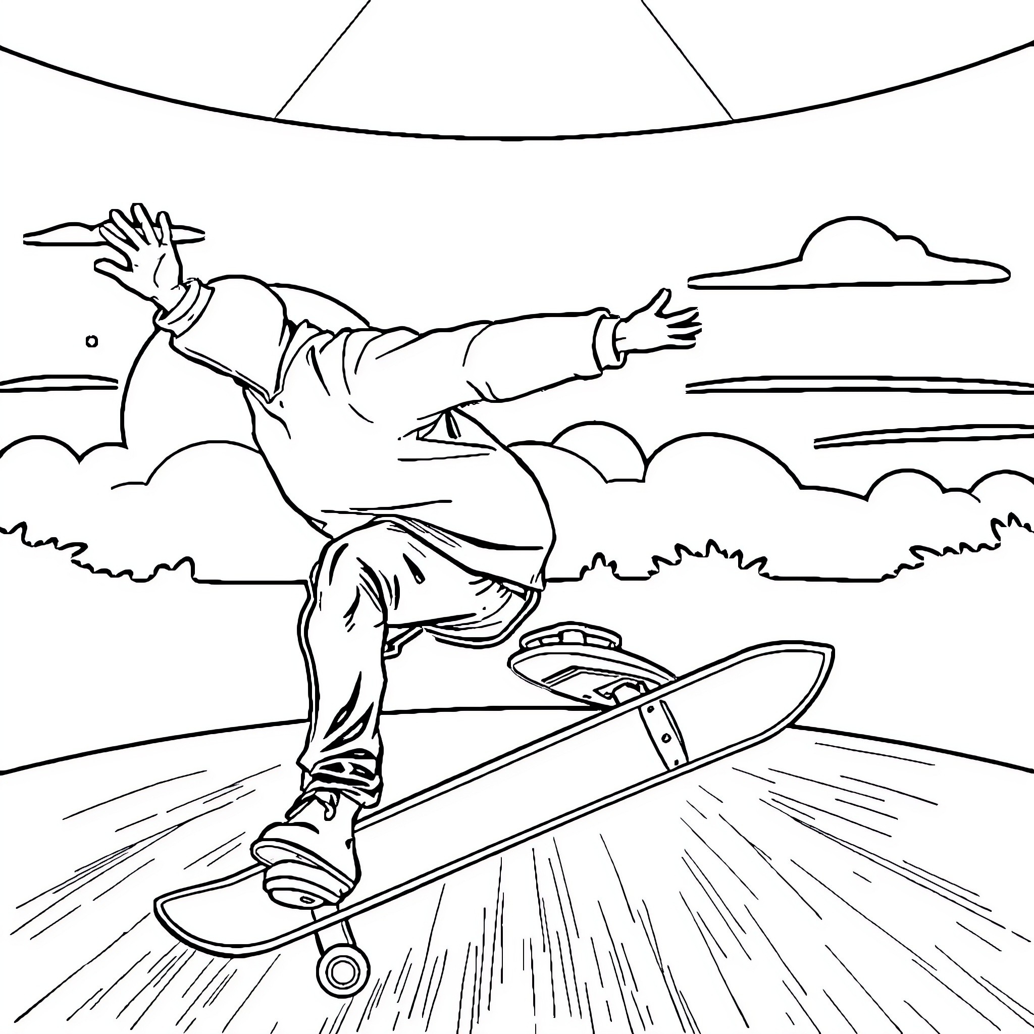 Skater performing tricks on the road Coloring Page (free black-and-white line drawing printable PDF for all, from beginners to advanced learners, including children, teens, adults, and seniors)