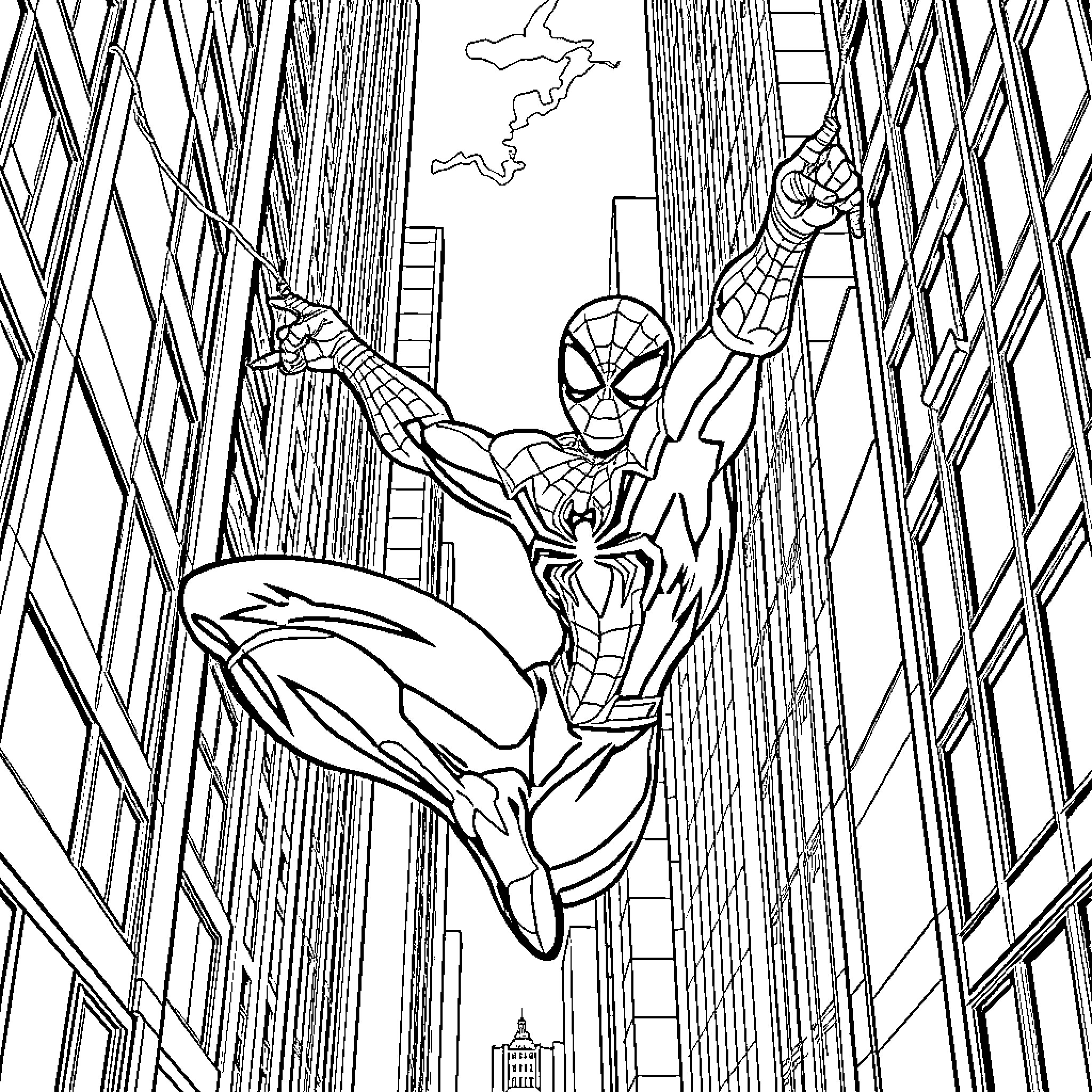 Spider-Man swinging through the city skyline Coloring Page (free black-and-white line drawing printable PDF for all, from beginners to advanced learners, including children, teens, adults, and seniors)