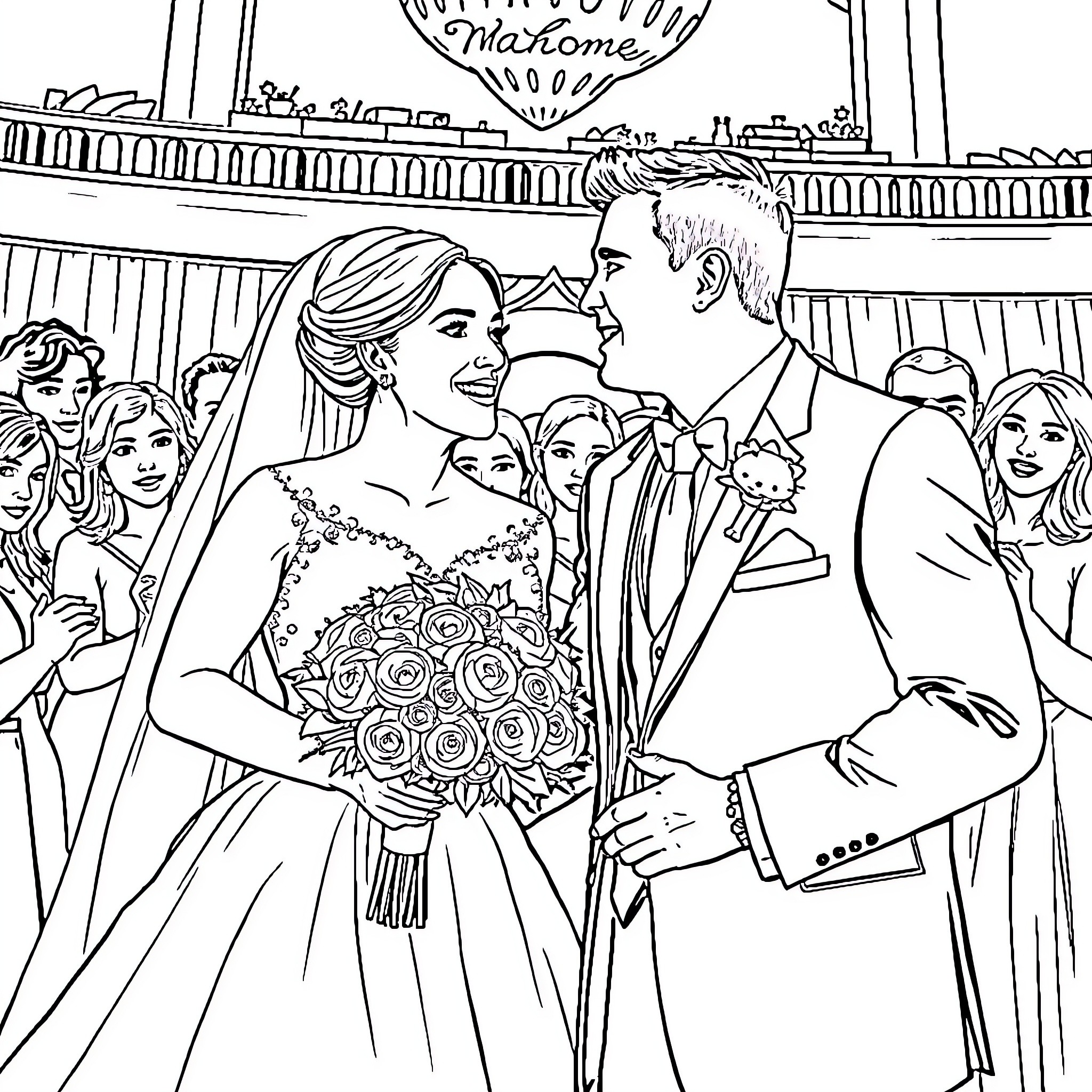 Travis Kelsey's Joyful Wedding Celebration Coloring Page (free black-and-white line drawing printable PDF for all, from beginners to advanced learners, including children, teens, adults, and seniors)