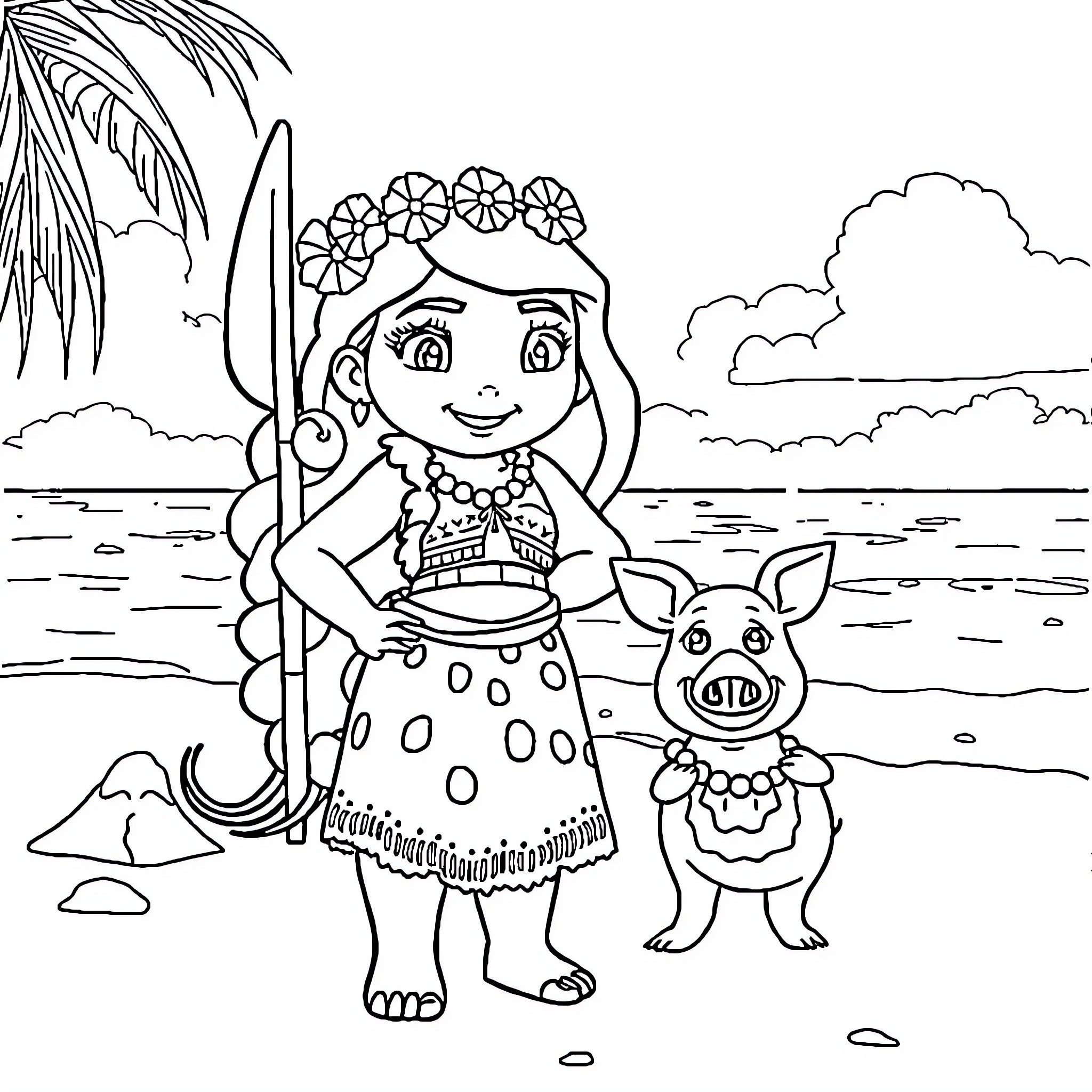 Moana and Pua enjoying the tropical beach scene Coloring Page (free black-and-white line drawing printable PDF for all, from beginners to advanced learners, including children, teens, adults, and seniors)
