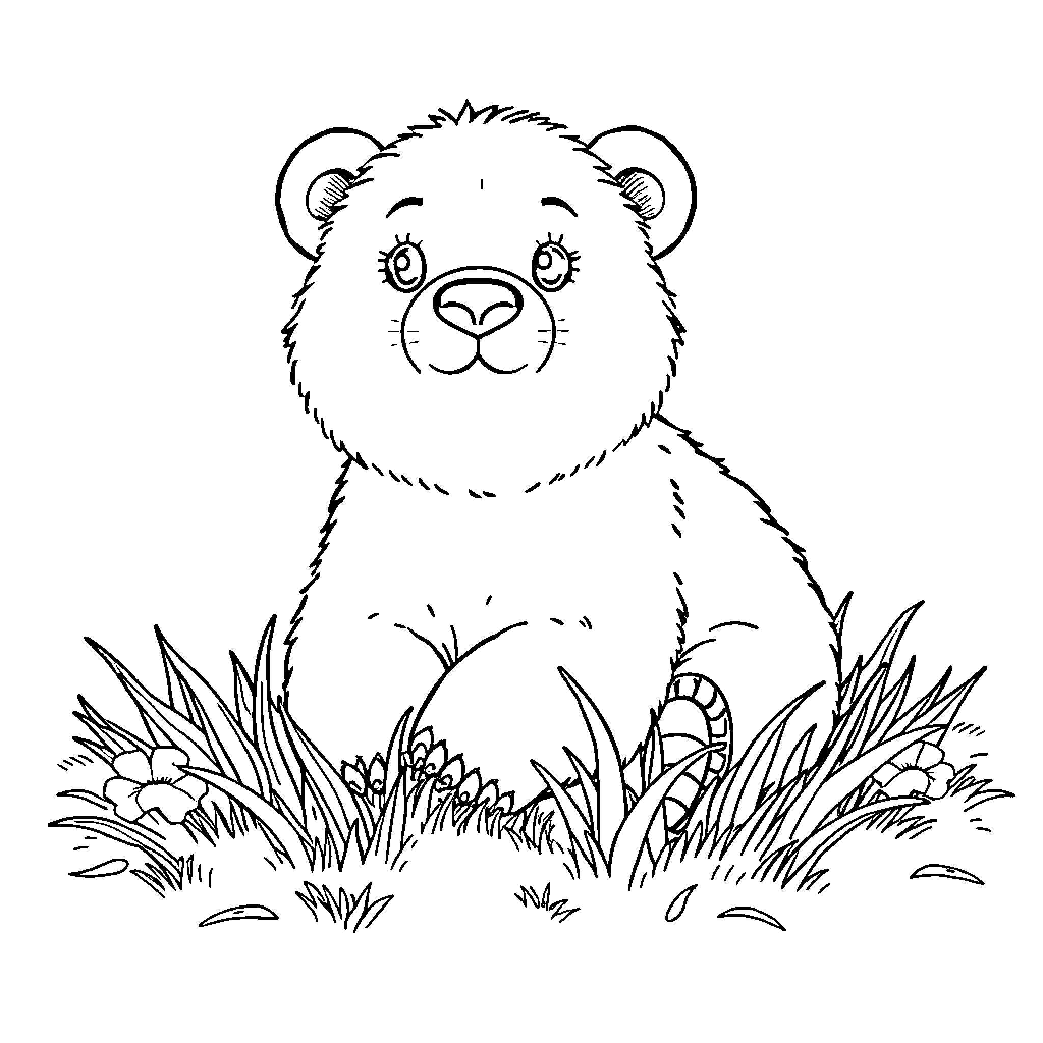 Bear sitting in a grassy field Coloring Page (free black-and-white line drawing printable PDF for all, from beginners to advanced learners, including children, teens, adults, and seniors)