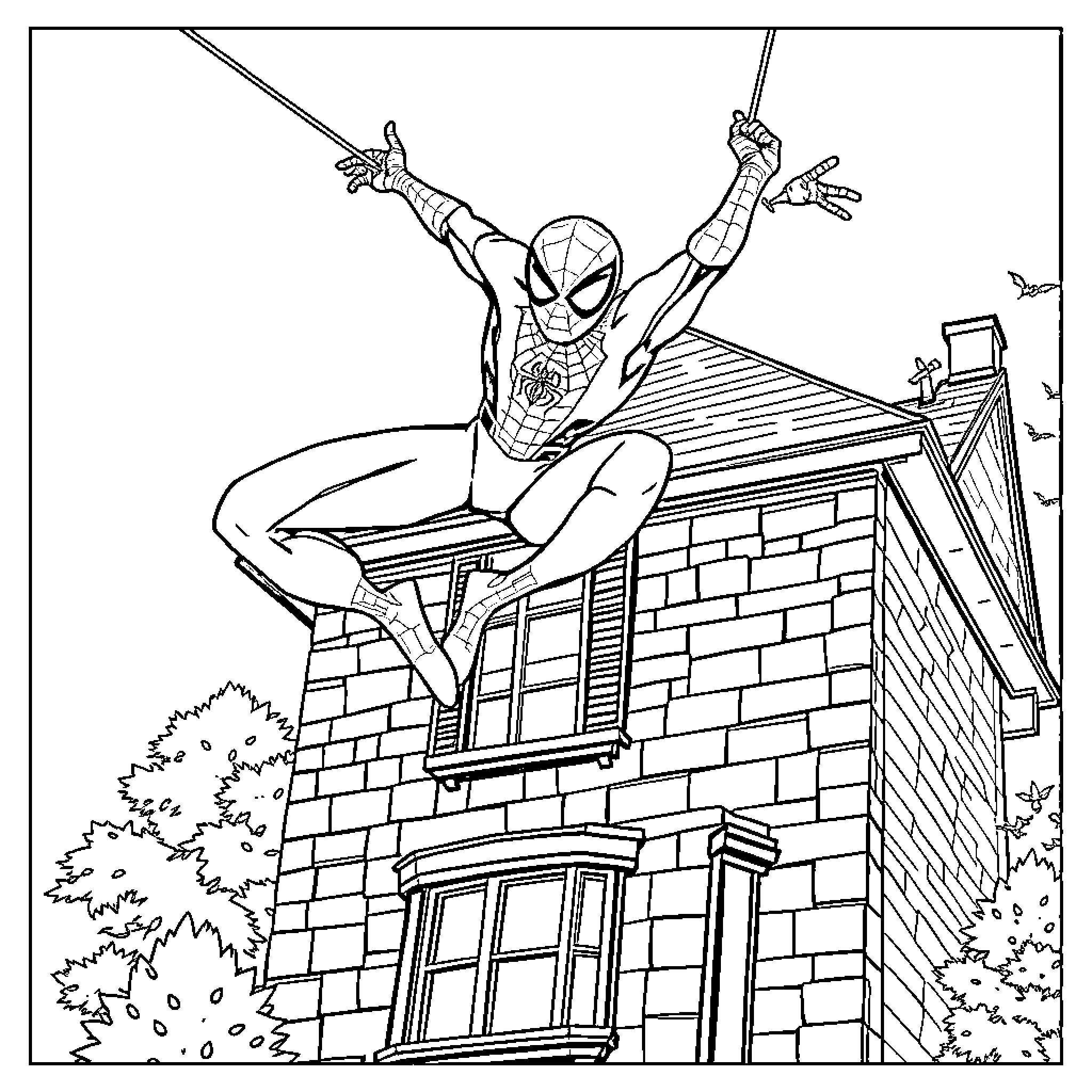 Spiderman swinging through the city in action-packed pose Coloring Page (free black-and-white line drawing printable PDF for all, from beginners to advanced learners, including children, teens, adults, and seniors)