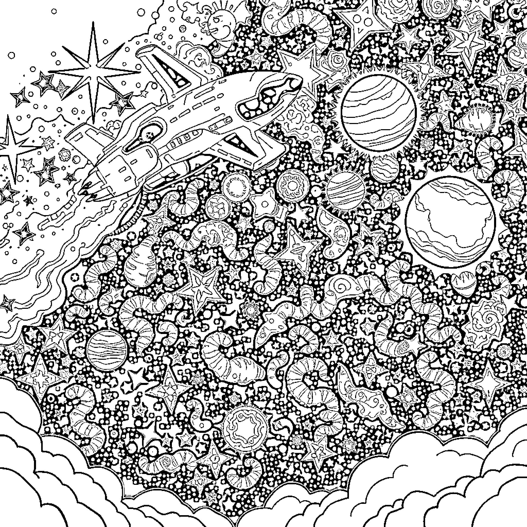 Space Exploration in the Cosmic Expanse Coloring Page (free black-and-white line drawing printable PDF for all, from beginners to advanced learners, including children, teens, adults, and seniors)