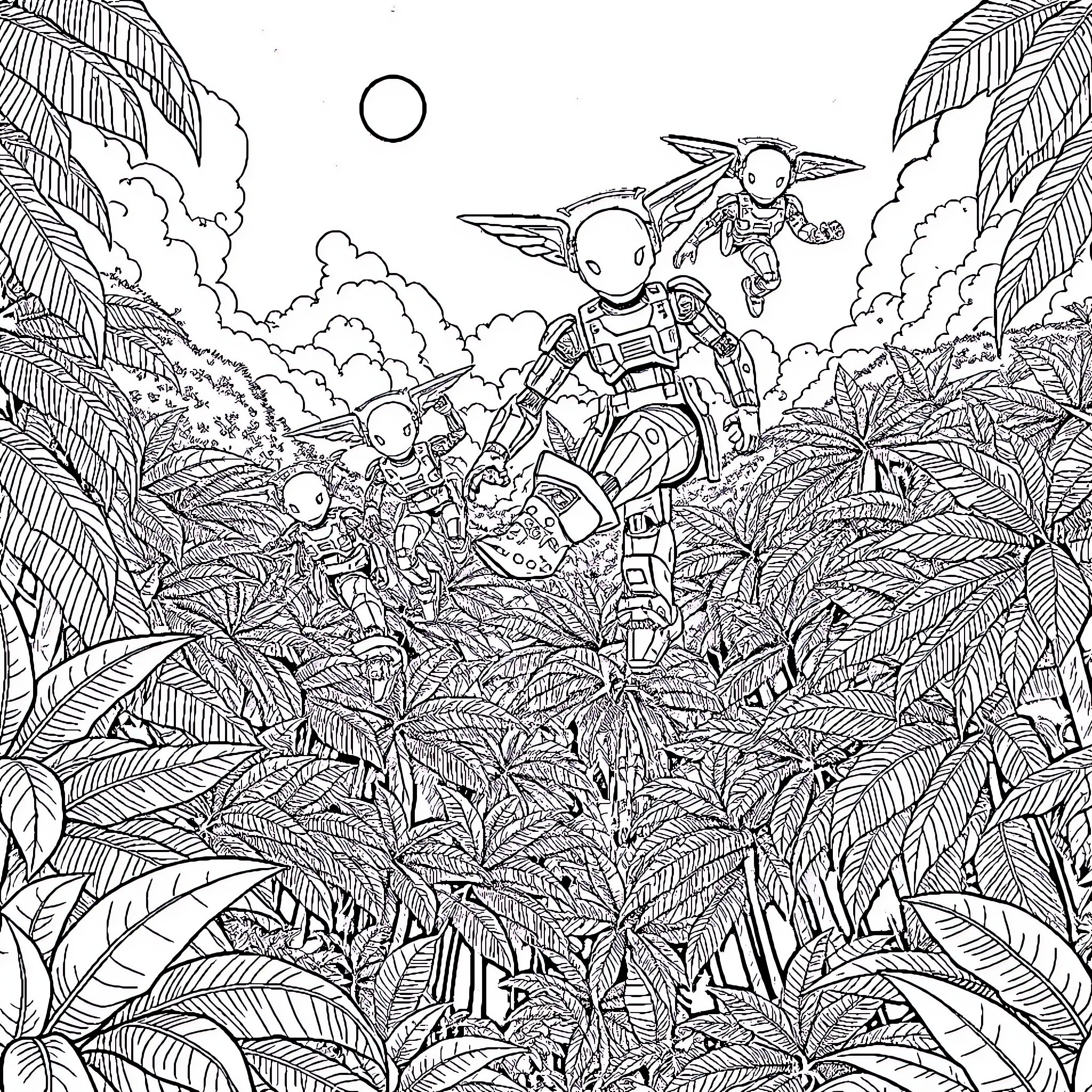 Robot explorers in lush jungle landscape Coloring Page (free black-and-white line drawing printable PDF for all, from beginners to advanced learners, including children, teens, adults, and seniors)