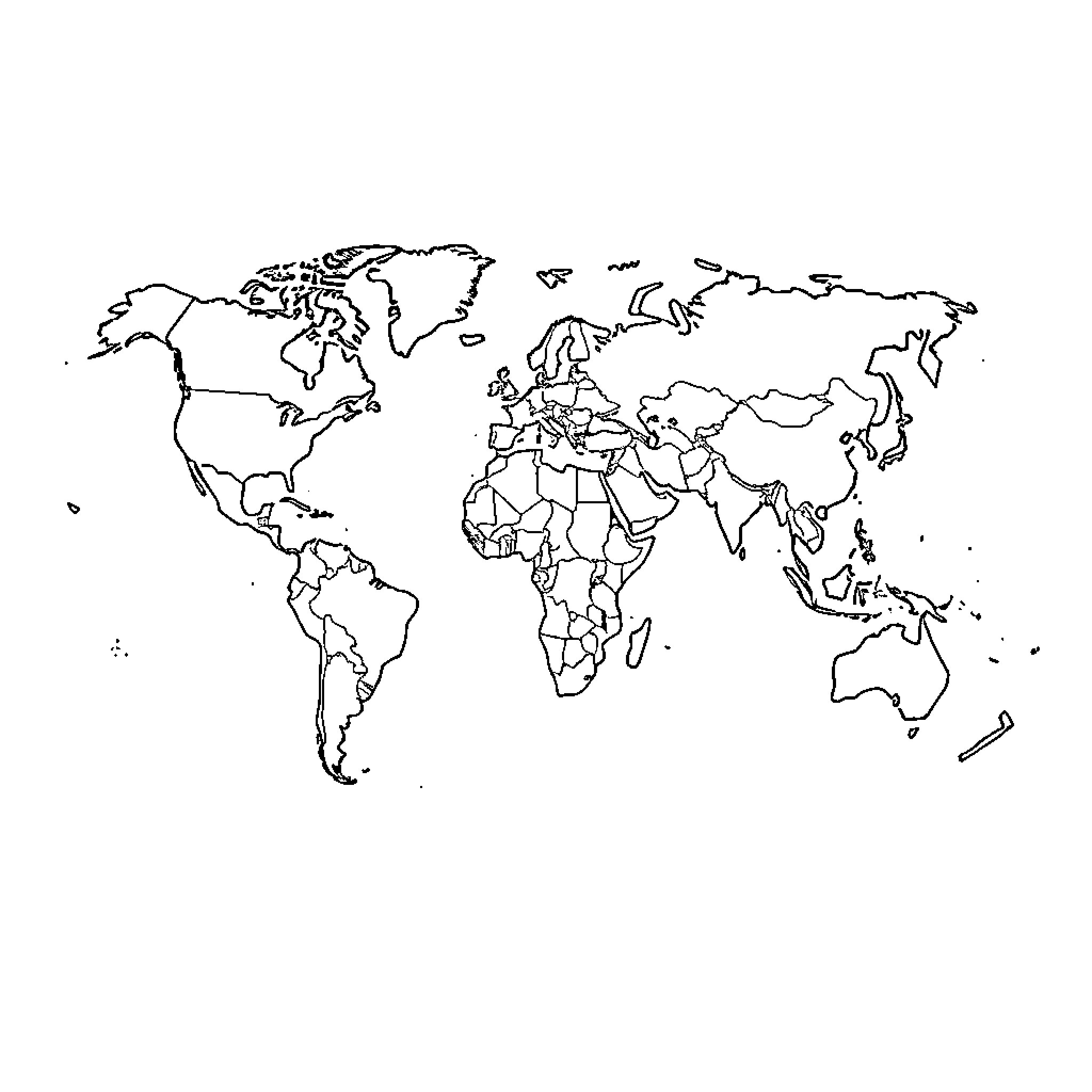World Map with Outline of Continents Coloring Page (free black-and-white line drawing printable PDF for all, from beginners to advanced learners, including children, teens, adults, and seniors)