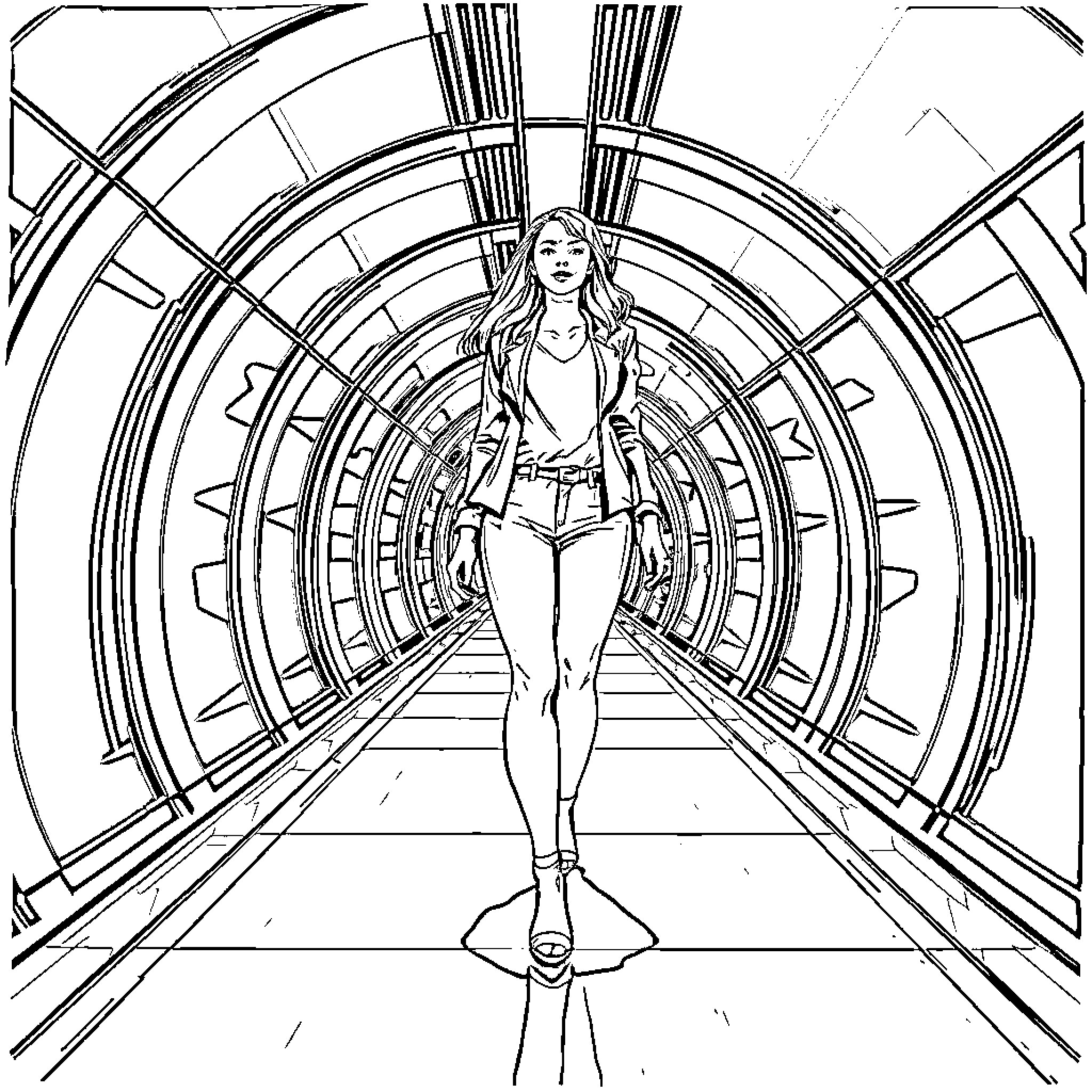 Lady in Futuristic Tunnel Coloring Page (free black-and-white line drawing printable PDF for all, from beginners to advanced learners, including children, teens, adults, and seniors)