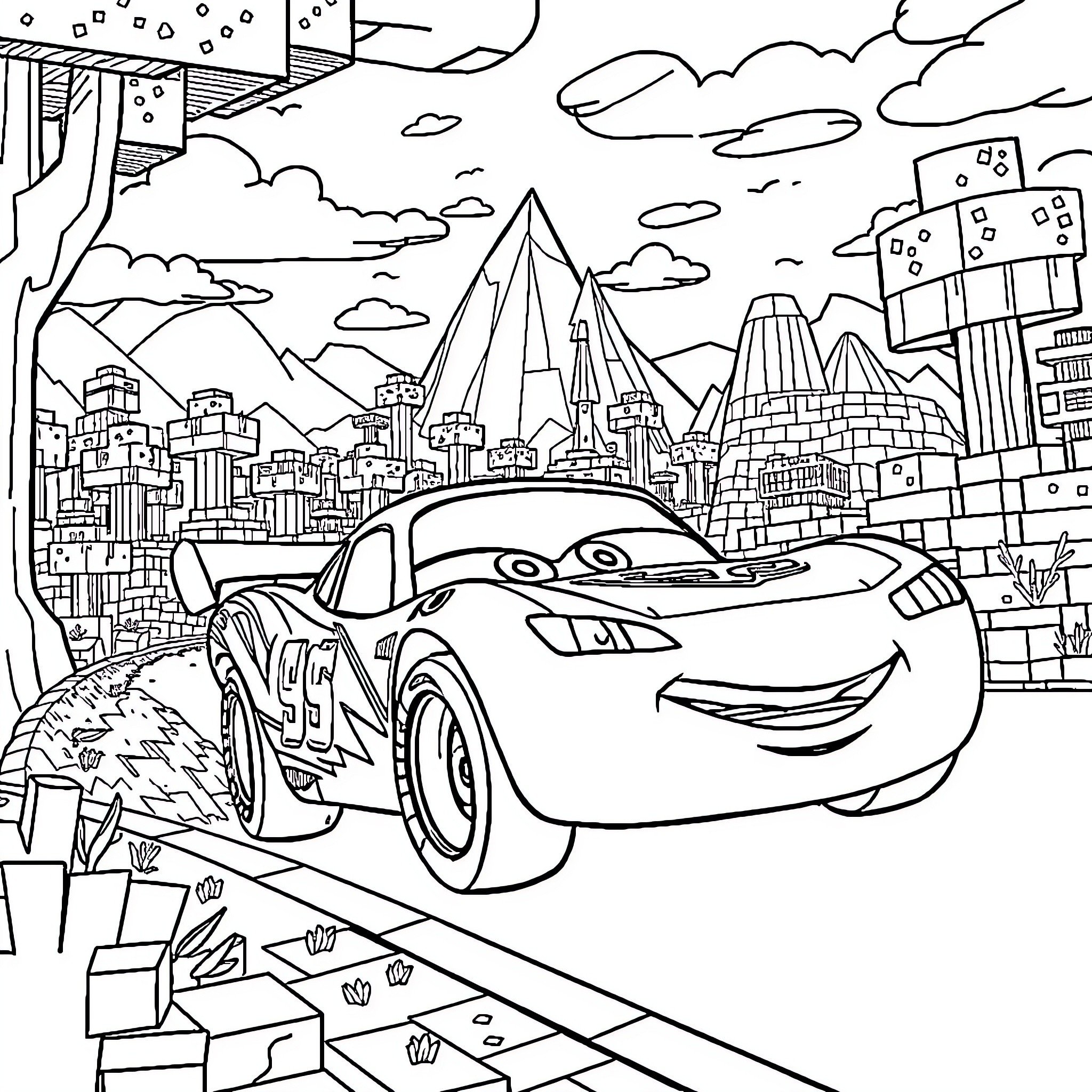 Lightning McQueen racing through the city Coloring Page (free black-and-white line drawing printable PDF for all, from beginners to advanced learners, including children, teens, adults, and seniors)