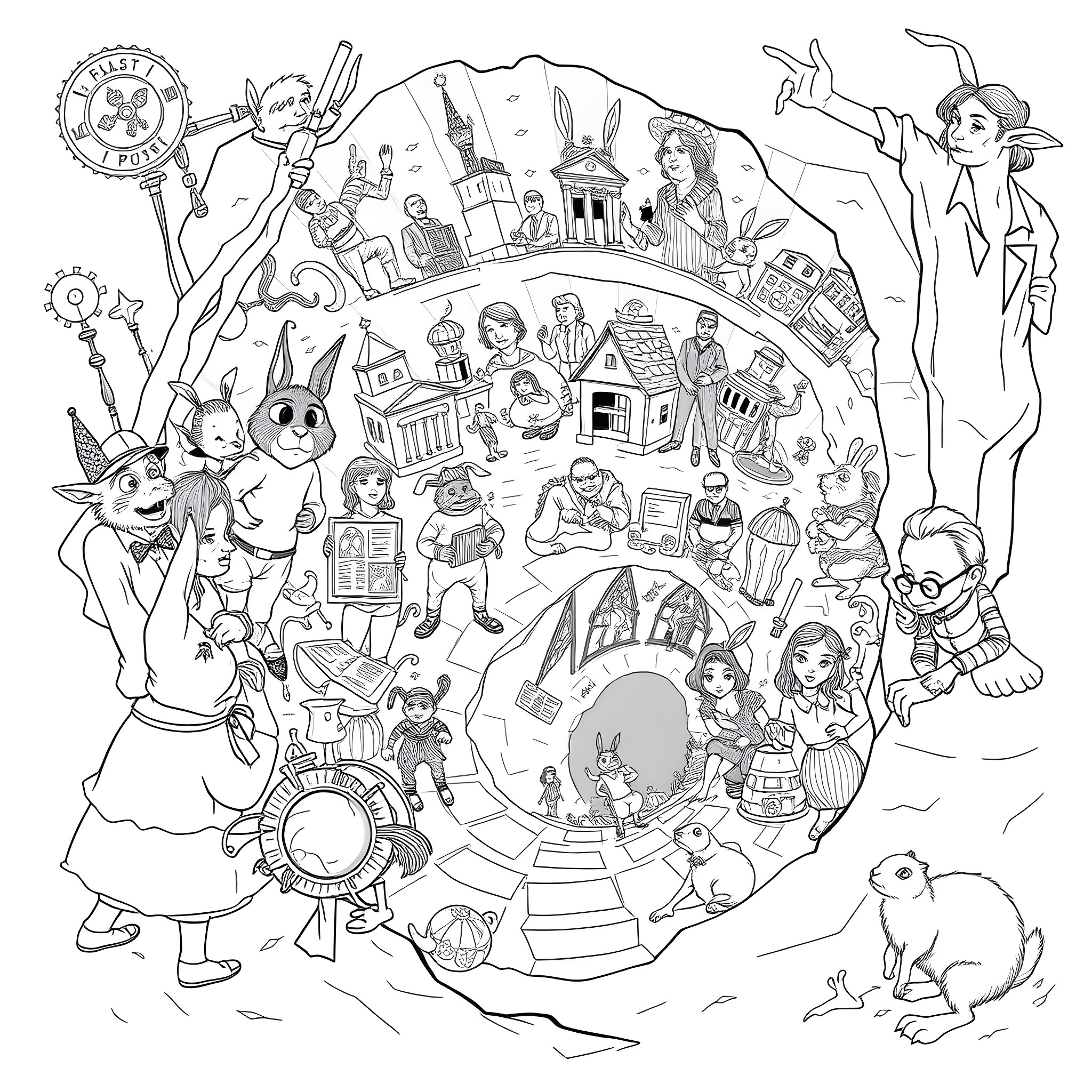 Alice's Whimsical Wonderland Adventure Coloring Page (free black-and-white line drawing printable PDF for all, from beginners to advanced learners, including children, teens, adults, and seniors)