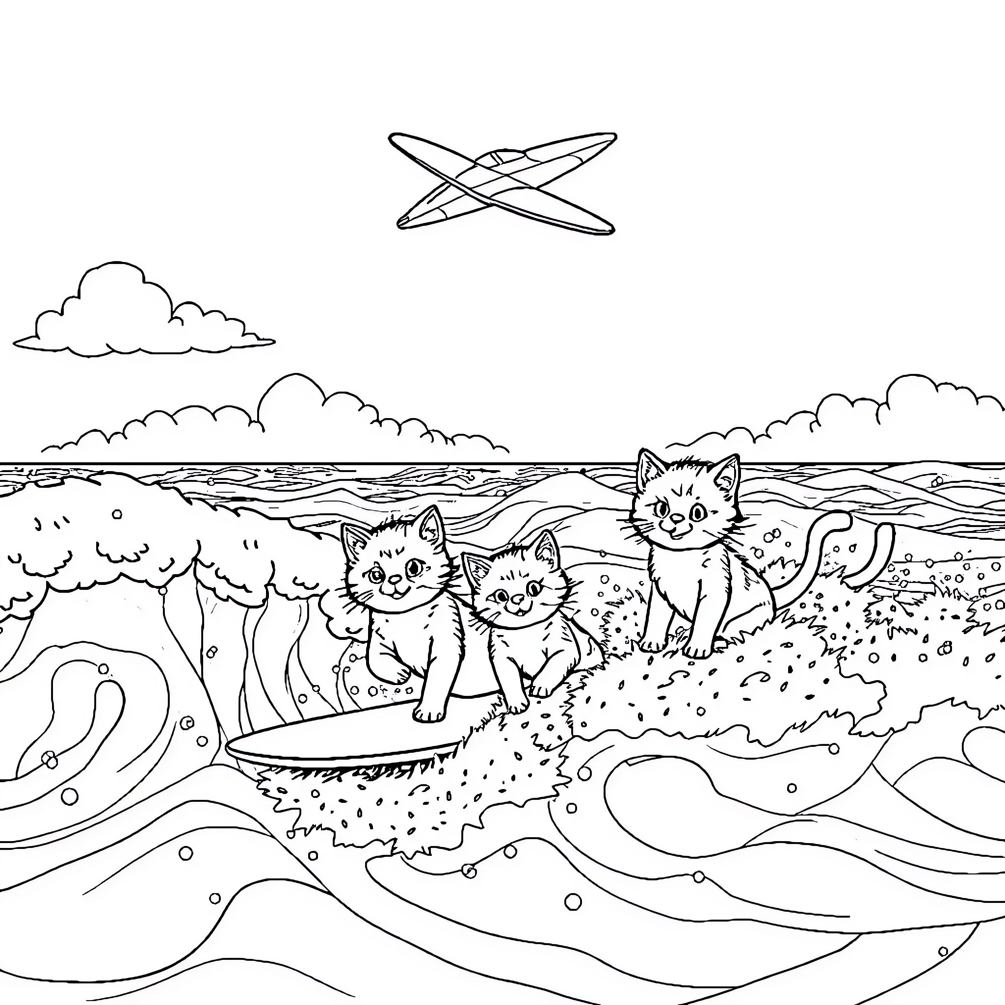 Cats playing on the beach with a flying plane Coloring Page (free black-and-white line drawing printable PDF for all, from beginners to advanced learners, including children, teens, adults, and seniors)