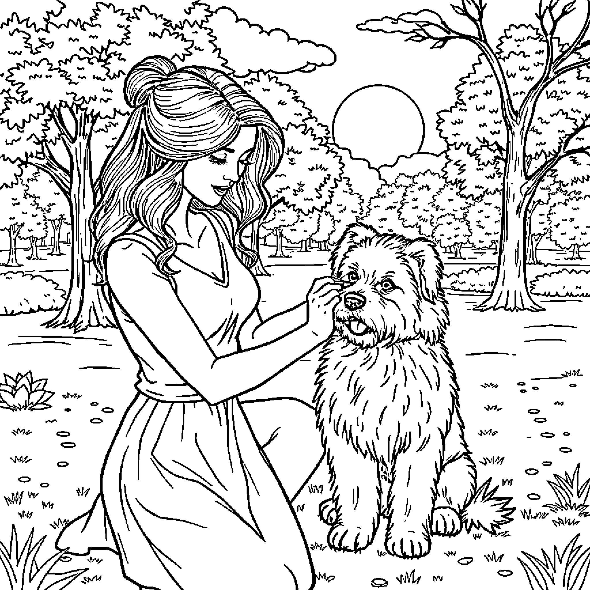 Woman petting a dog in a scenic park Coloring Page (free black-and-white line drawing printable PDF for all, from beginners to advanced learners, including children, teens, adults, and seniors)