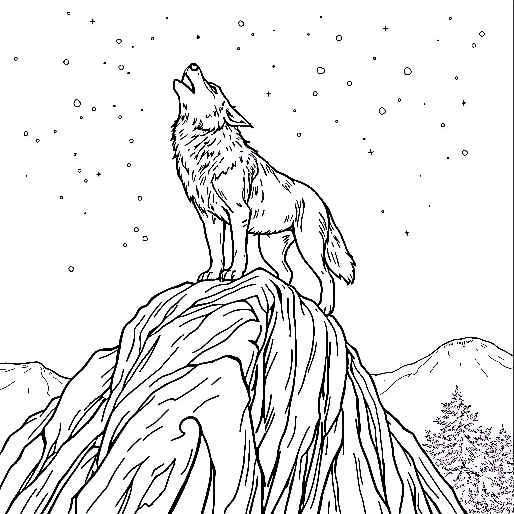 Wolf howling under the starry night sky Coloring Page (free black-and-white line drawing printable PDF for all, from beginners to advanced learners, including children, teens, adults, and seniors)