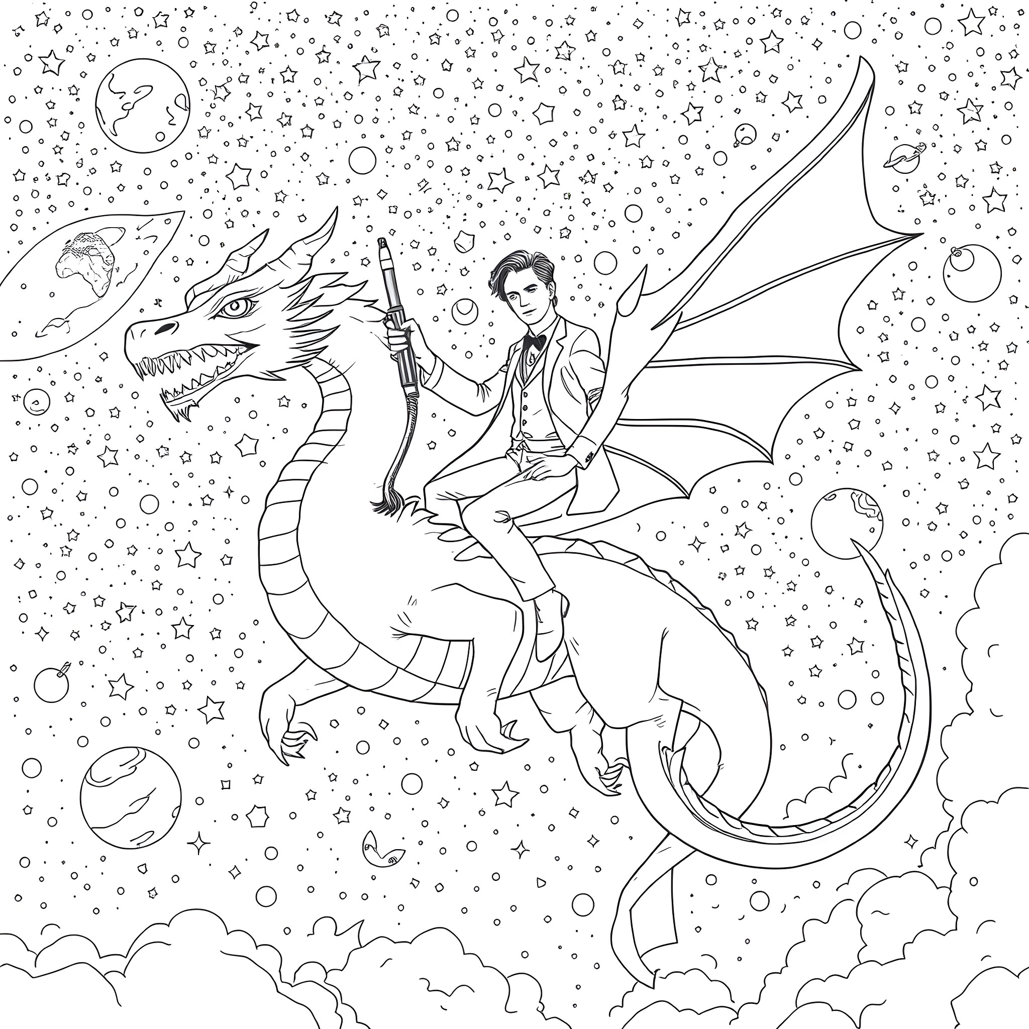 Doctor Riding a Majestic Dragon Through the Starry Sky Coloring Page (free black-and-white line drawing printable PDF for all, from beginners to advanced learners, including children, teens, adults, and seniors)
