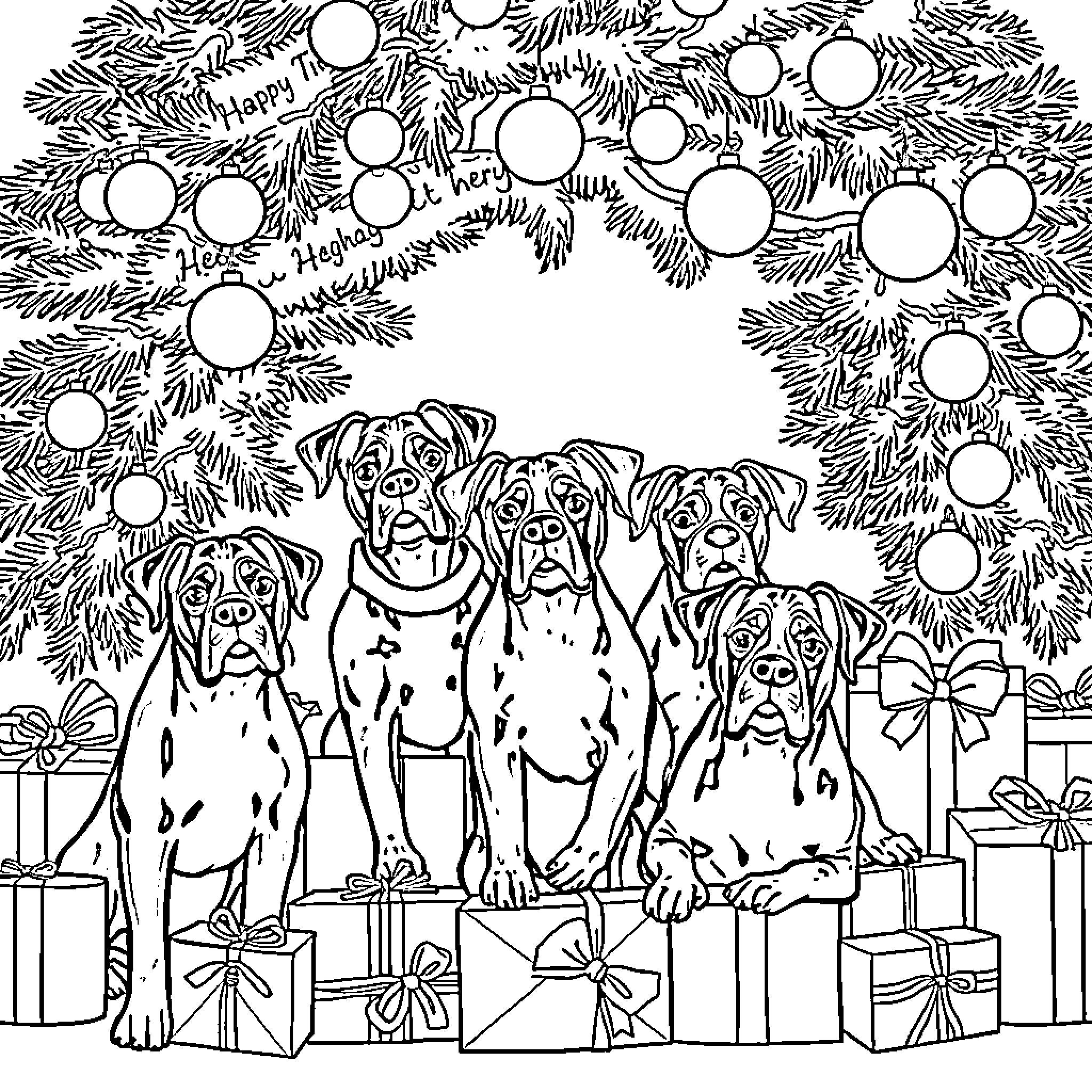 Boxer dogs in festive wreath surrounded by presents Coloring Page (free black-and-white line drawing printable PDF for all, from beginners to advanced learners, including children, teens, adults, and seniors)