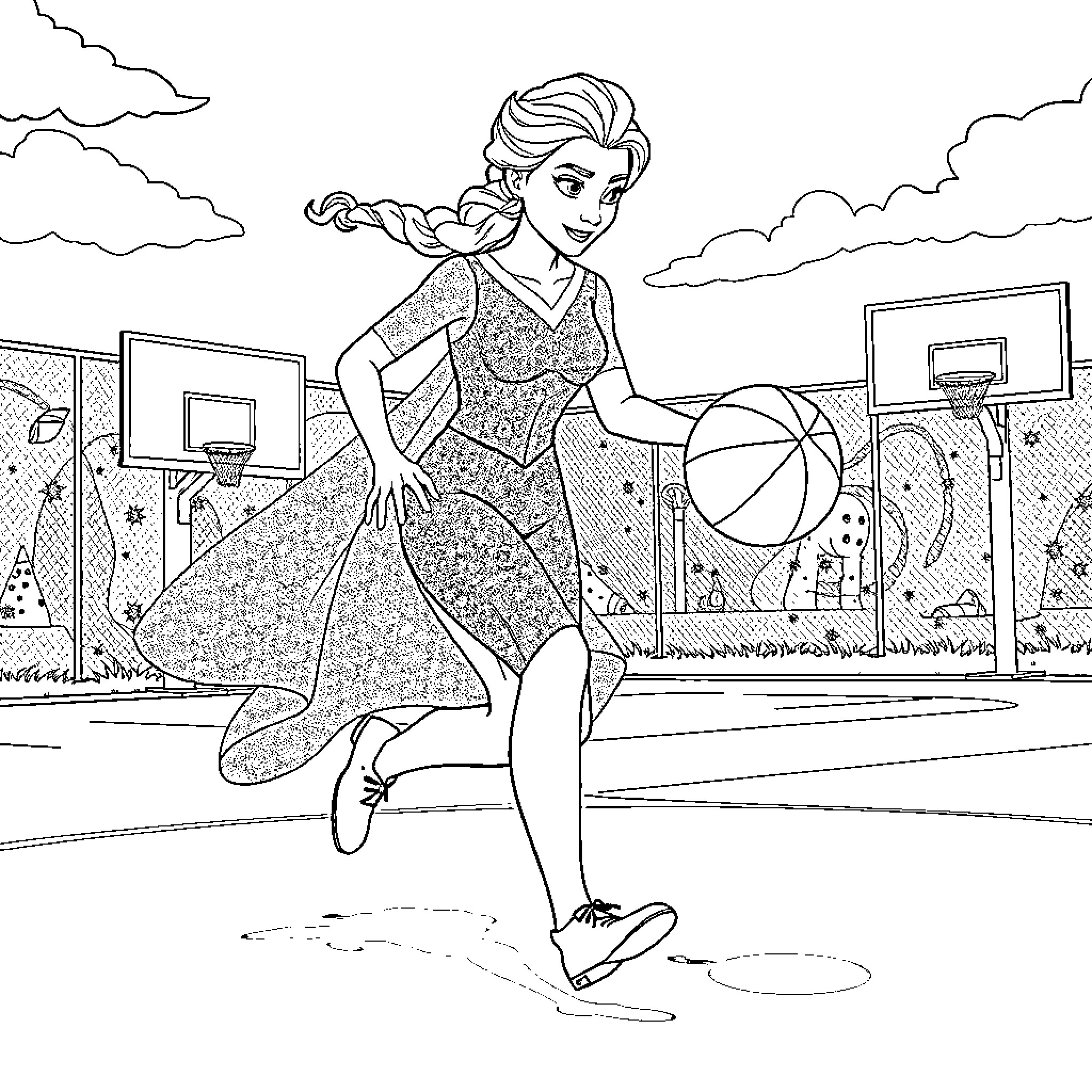 Elsa dribbling basketball in the court Coloring Page (free black-and-white line drawing printable PDF for all, from beginners to advanced learners, including children, teens, adults, and seniors)