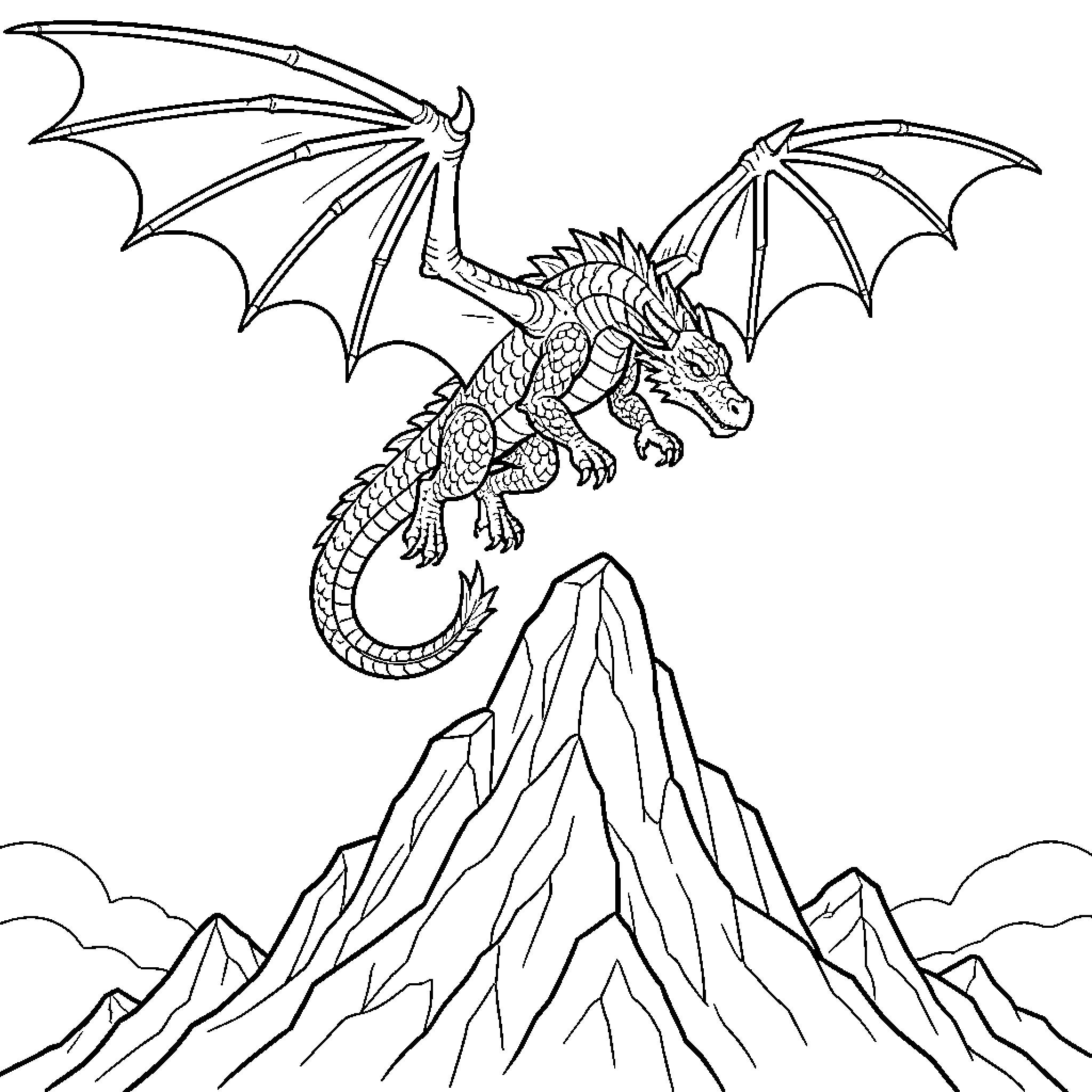 Dragon Soaring Above Majestic Mountain Peaks Coloring Page (free black-and-white line drawing printable PDF for all, from beginners to advanced learners, including children, teens, adults, and seniors)