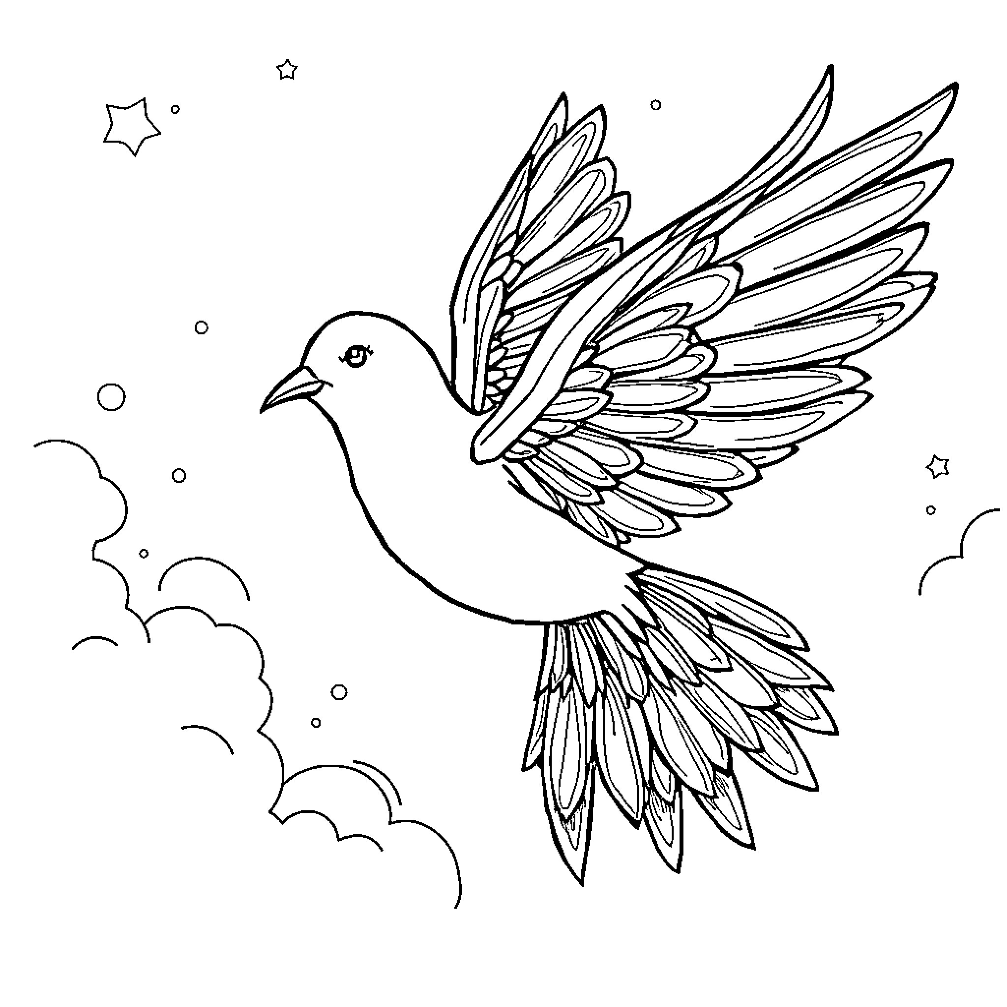 Escoba - Bird soaring through the clouds Coloring Page (free black-and-white line drawing printable PDF for all, from beginners to advanced learners, including children, teens, adults, and seniors)