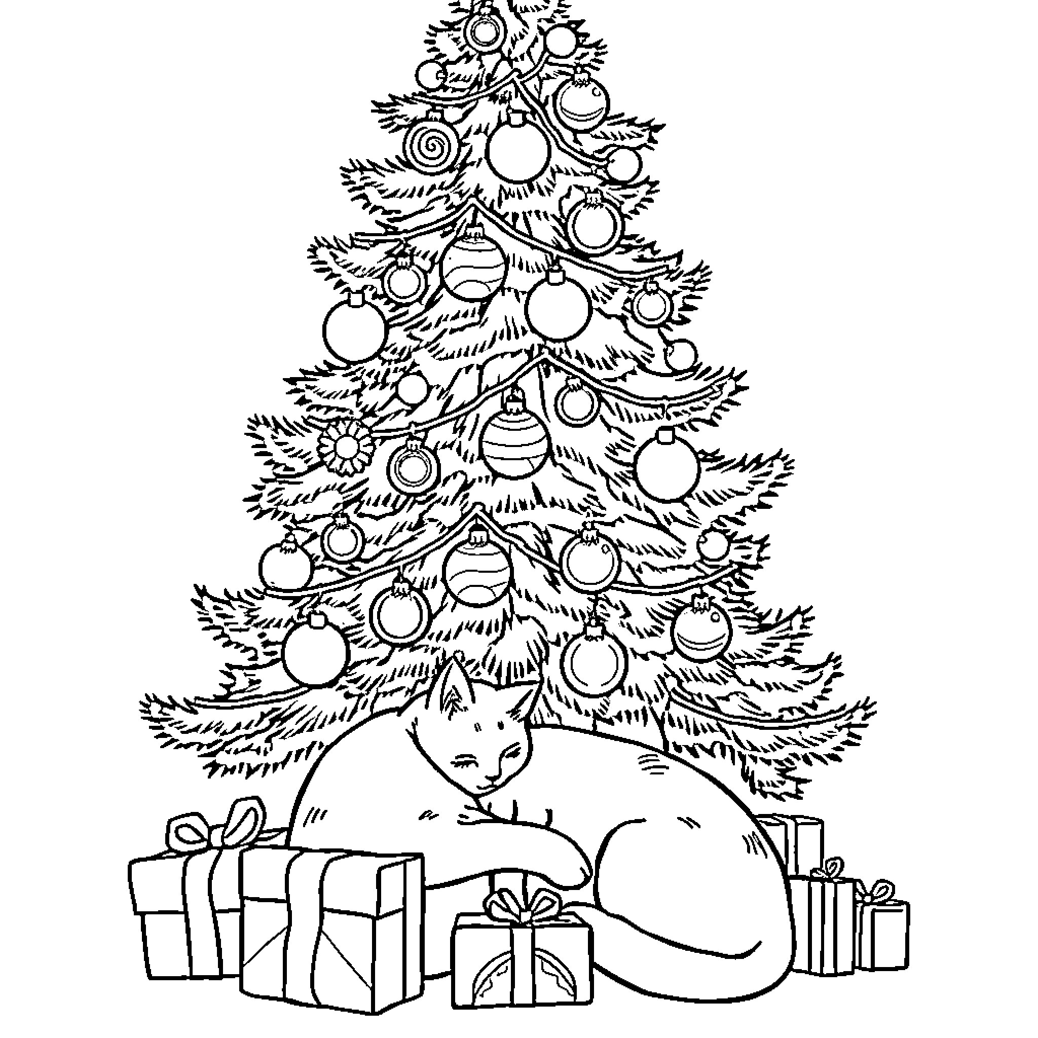 Christmas Tree with Decorated Branches and Gifts Coloring Page (free black-and-white line drawing printable PDF for all, from beginners to advanced learners, including children, teens, adults, and seniors)