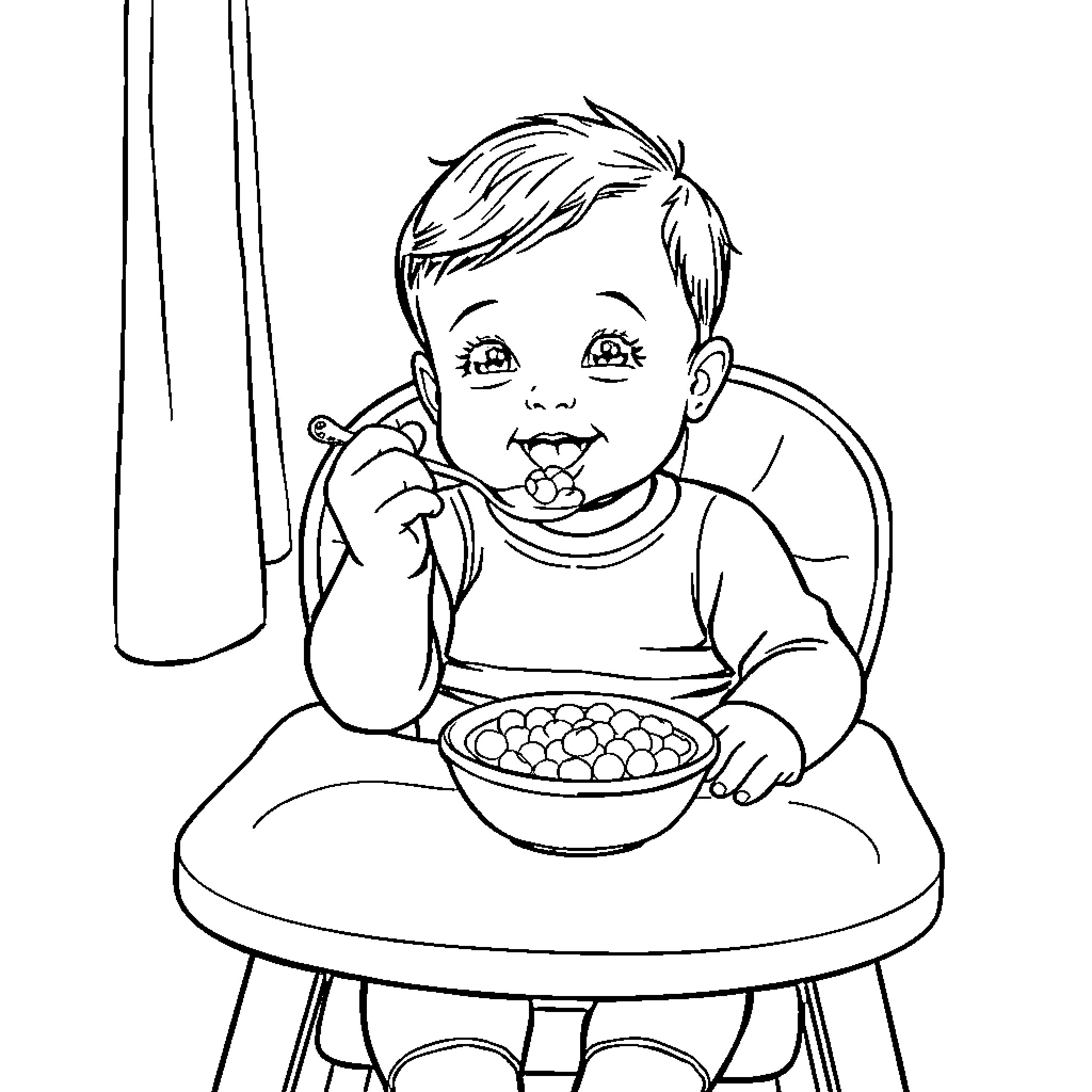 Baby enjoys snack time at the table Coloring Page (free black-and-white line drawing printable PDF for all, from beginners to advanced learners, including children, teens, adults, and seniors)