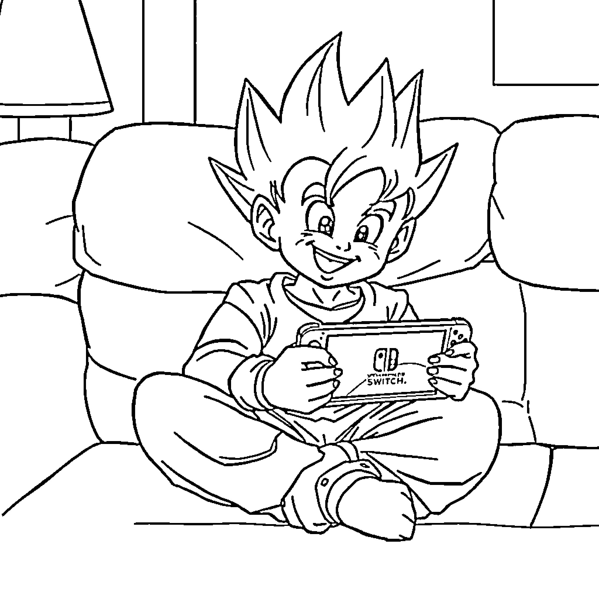 Son Gohan playing video game with excitement Coloring Page (free black-and-white line drawing printable PDF for all, from beginners to advanced learners, including children, teens, adults, and seniors)