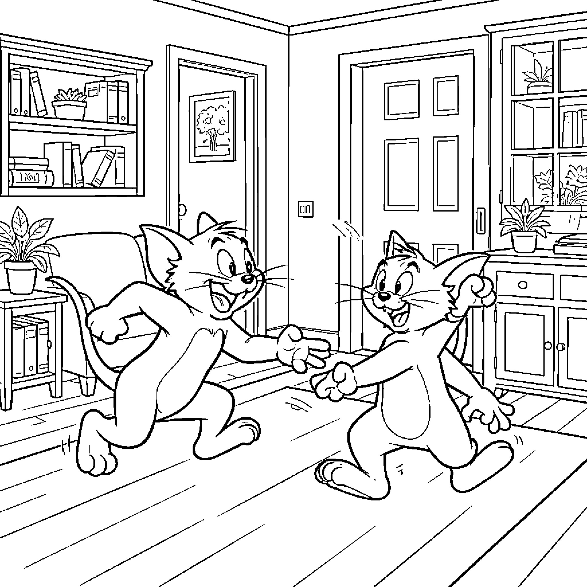 Tom and Jerry chasing each other playfully in a room Coloring Page (free black-and-white line drawing printable PDF for all, from beginners to advanced learners, including children, teens, adults, and seniors)