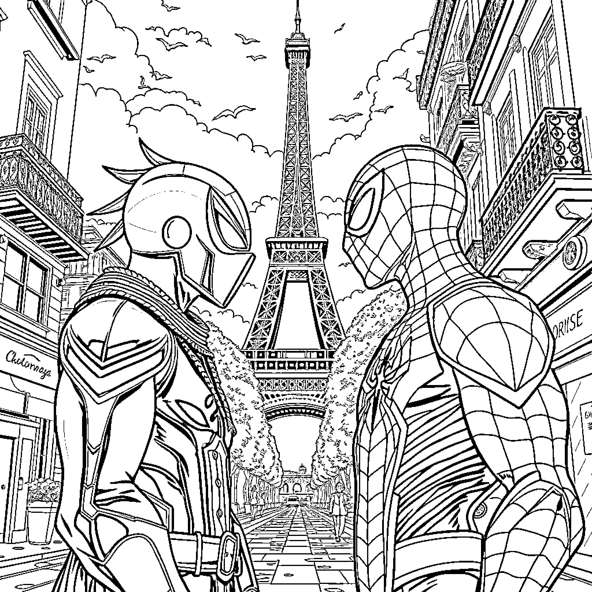 Sangoku's Superhero Adventure in Parisian Cityscape Coloring Page (free black-and-white line drawing printable PDF for all, from beginners to advanced learners, including children, teens, adults, and seniors)