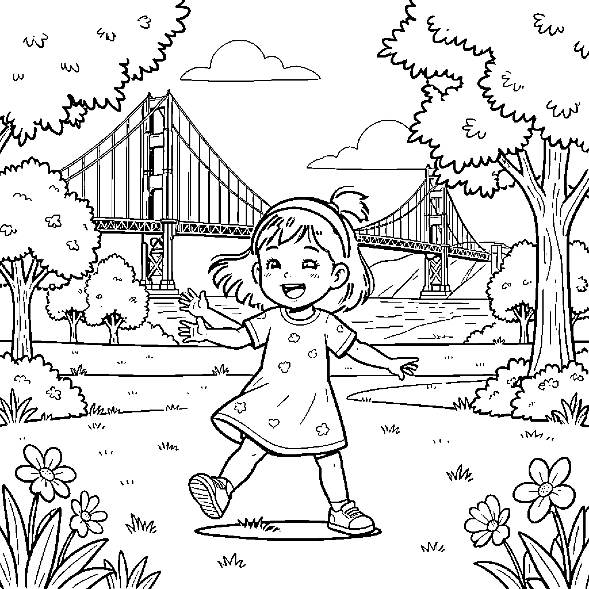 Girl enjoying a picnic in the park with a bridge Coloring Page (free black-and-white line drawing printable PDF for all, from beginners to advanced learners, including children, teens, adults, and seniors)