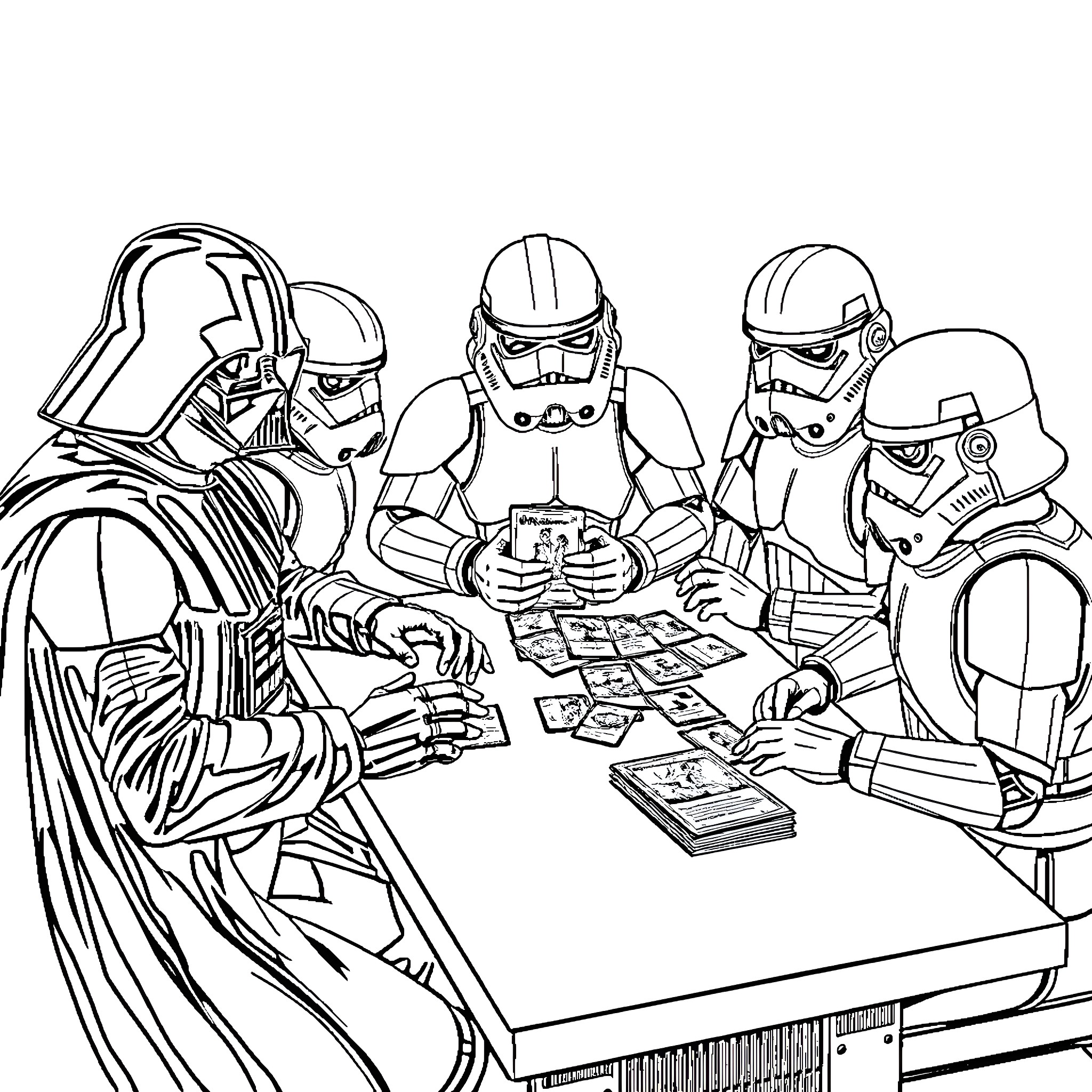 Darth Vader and Imperial Stormtroopers strategizing over a table Coloring Page (free black-and-white line drawing printable PDF for all, from beginners to advanced learners, including children, teens, adults, and seniors)