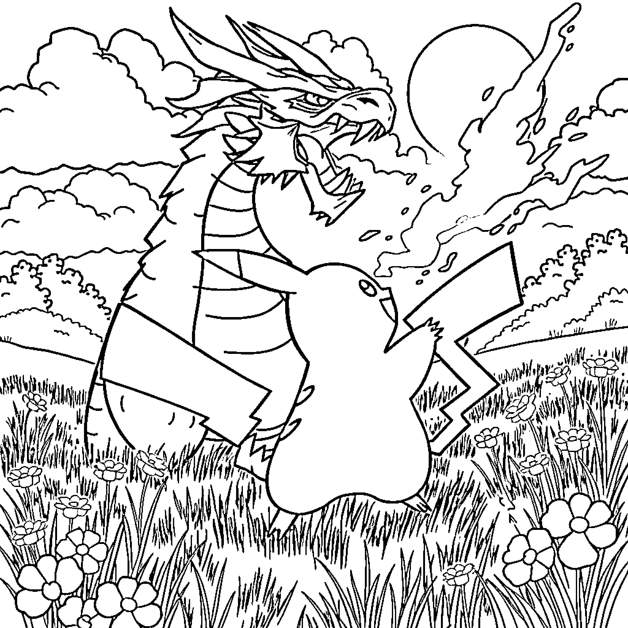 Pikachu battling a fierce dragon in the wild Coloring Page (free black-and-white line drawing printable PDF for all, from beginners to advanced learners, including children, teens, adults, and seniors)