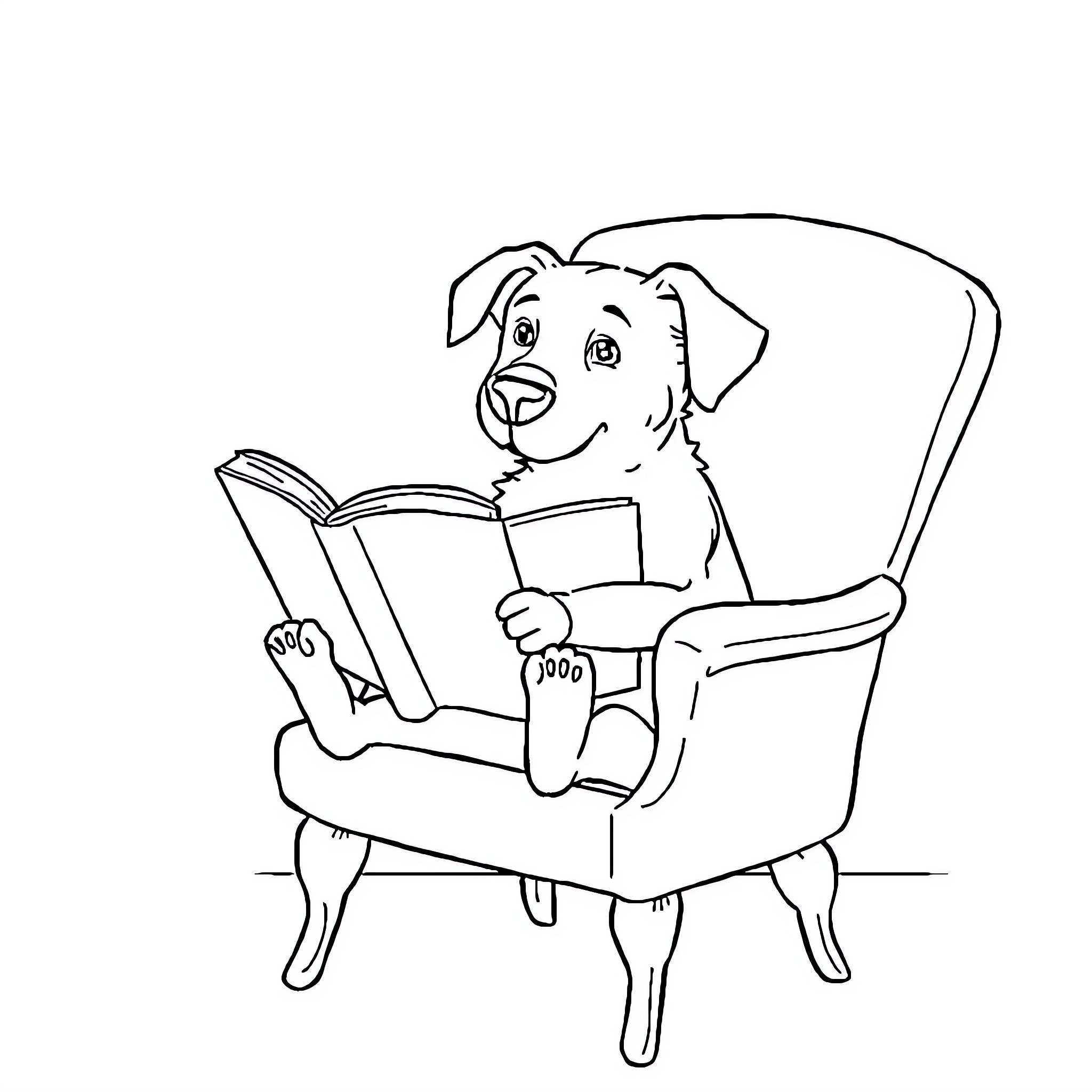 Dog reading a book in a chair Coloring Page (free black-and-white line drawing printable PDF for all, from beginners to advanced learners, including children, teens, adults, and seniors)