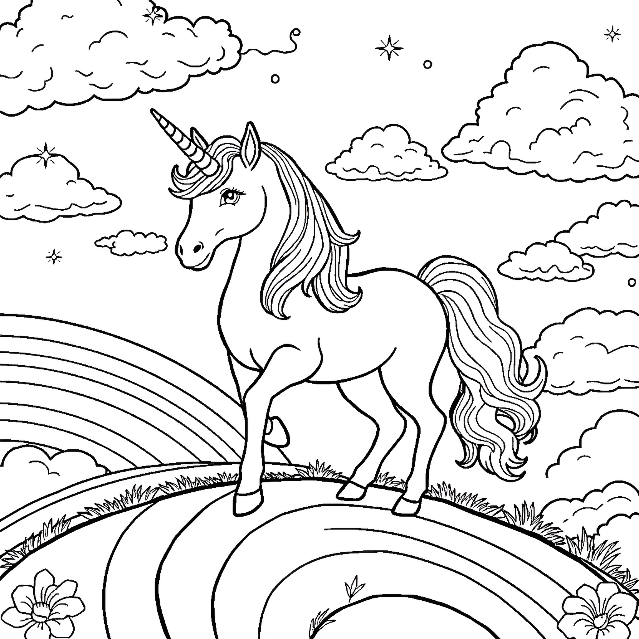 Unicorn standing on a hill with a rainbow Coloring Page (free black-and-white line drawing printable PDF for all, from beginners to advanced learners, including children, teens, adults, and seniors)