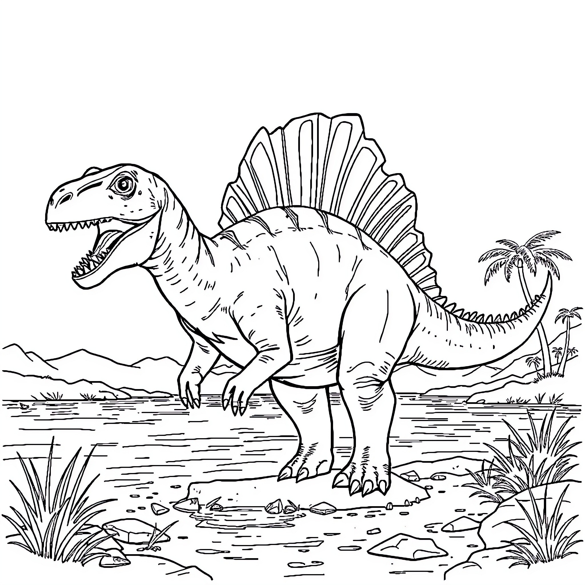 Spinosaurus exploring the prehistoric landscape Coloring Page (free black-and-white line drawing printable PDF for all, from beginners to advanced learners, including children, teens, adults, and seniors)