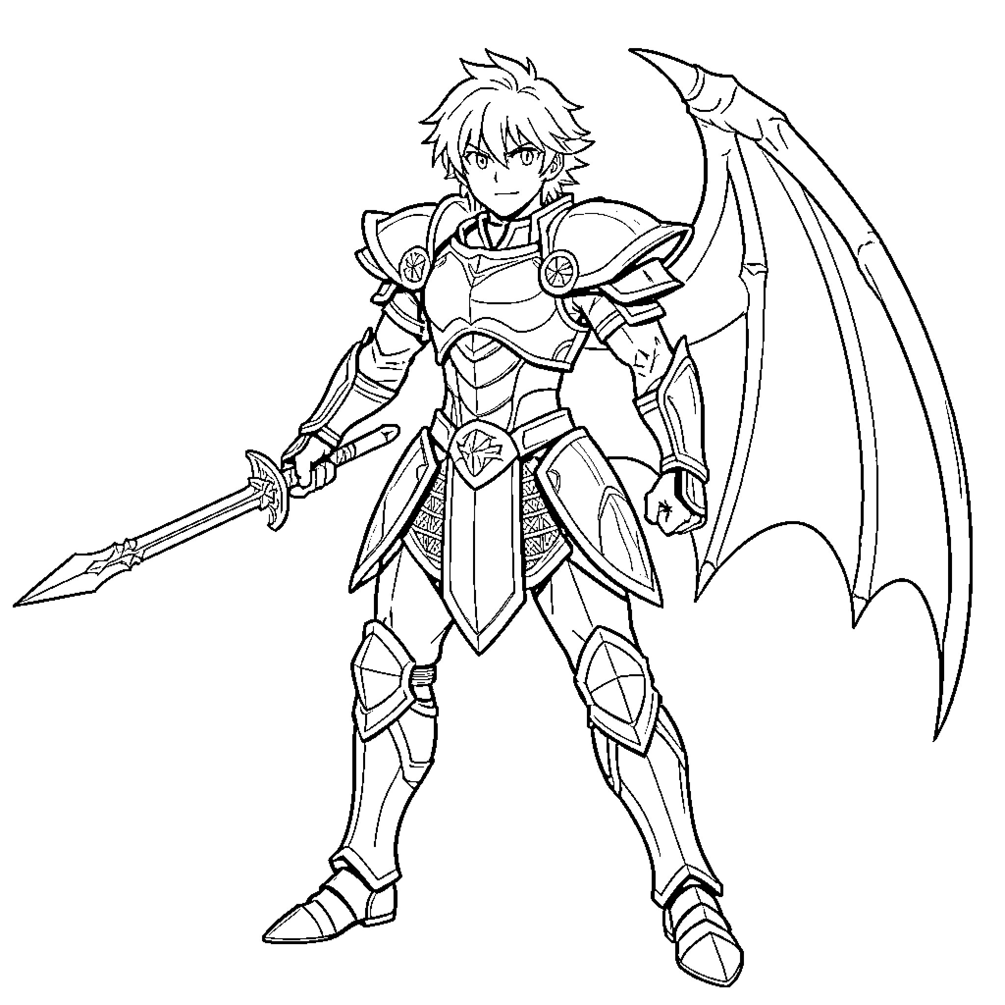 Dragon Knight in Armored Battle Pose Coloring Page (free black-and-white line drawing printable PDF for all, from beginners to advanced learners, including children, teens, adults, and seniors)