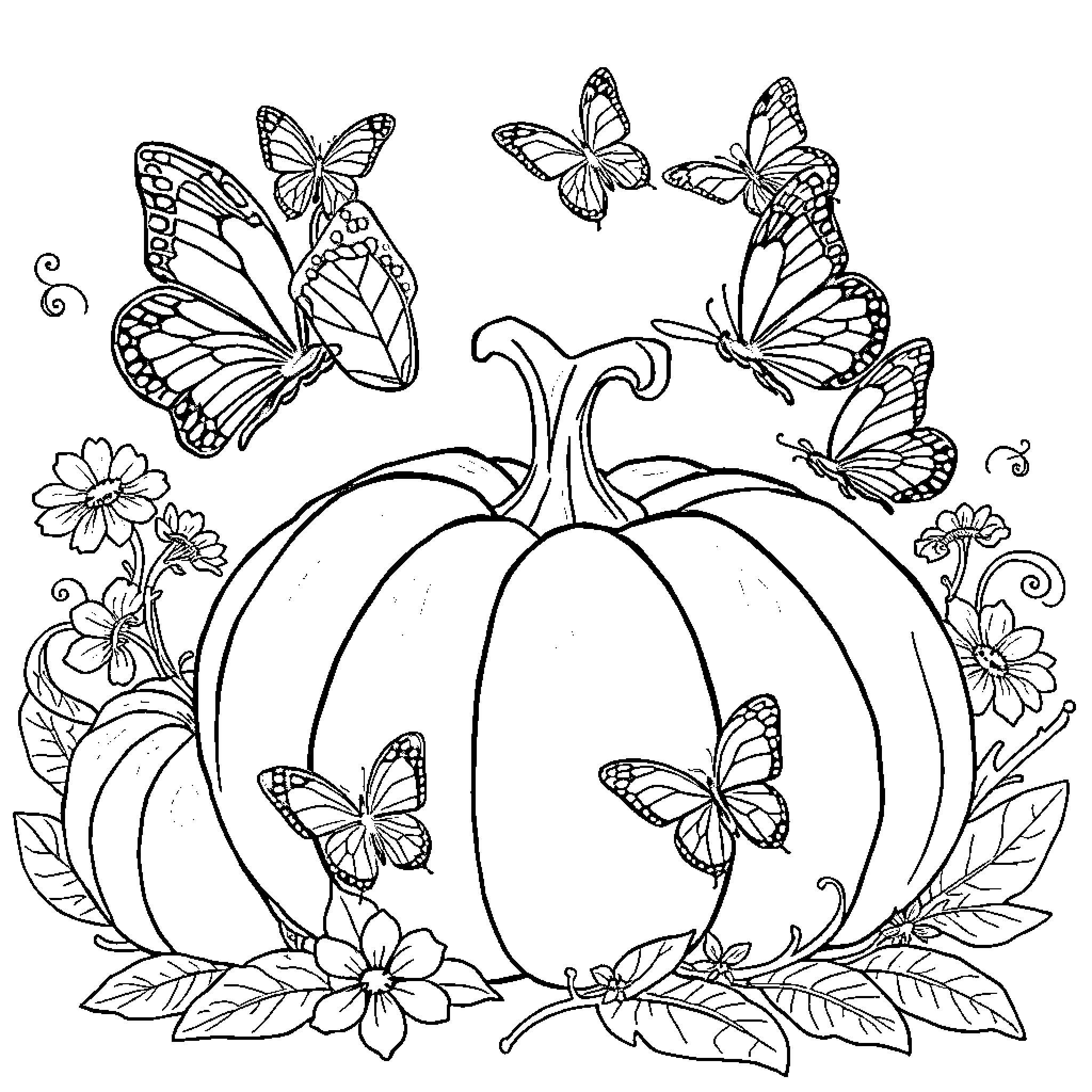 Butterfly-filled pumpkin with delicate flowers Coloring Page (free black-and-white line drawing printable PDF for all, from beginners to advanced learners, including children, teens, adults, and seniors)