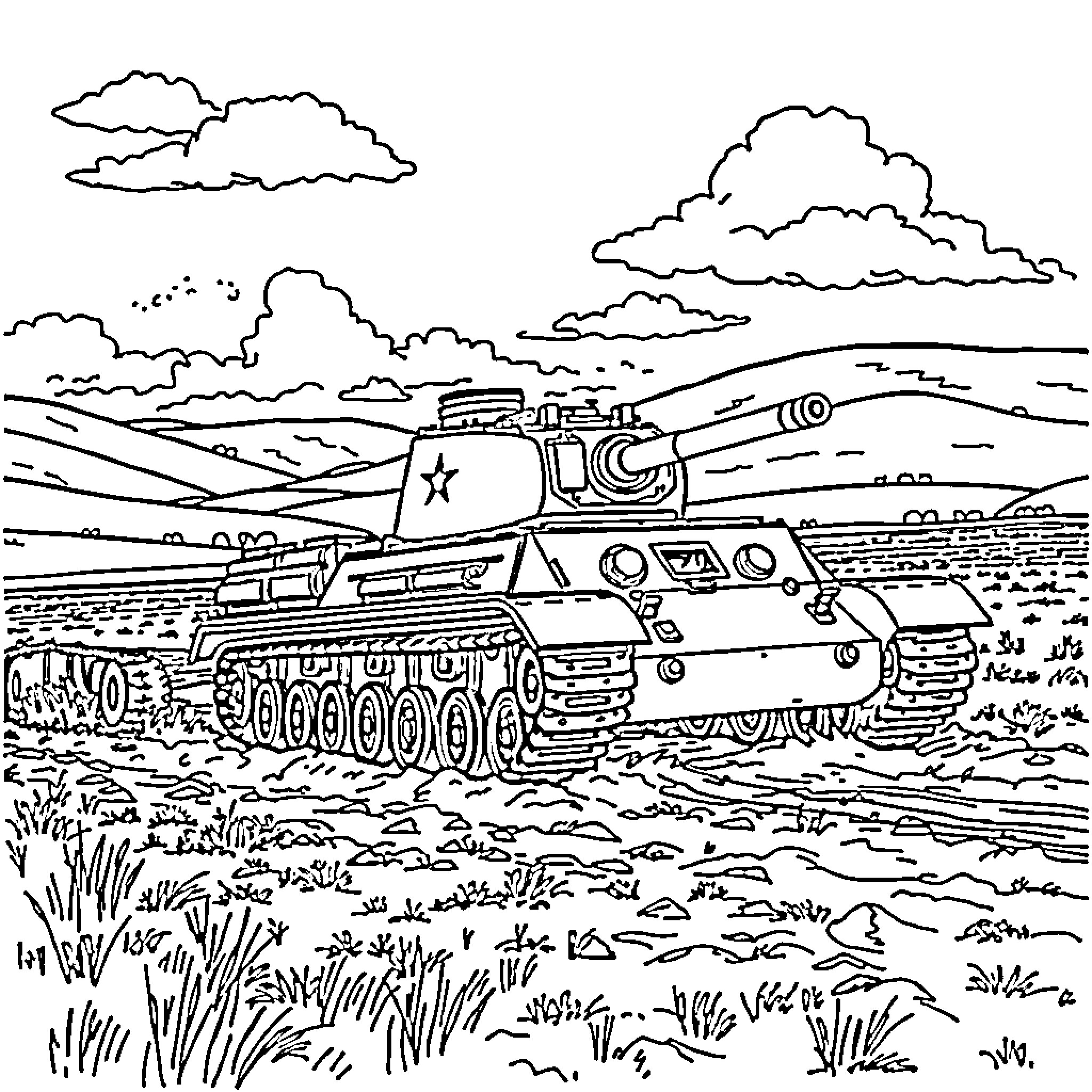 Tank traversing rugged terrain on the battlefield Coloring Page (free black-and-white line drawing printable PDF for all, from beginners to advanced learners, including children, teens, adults, and seniors)