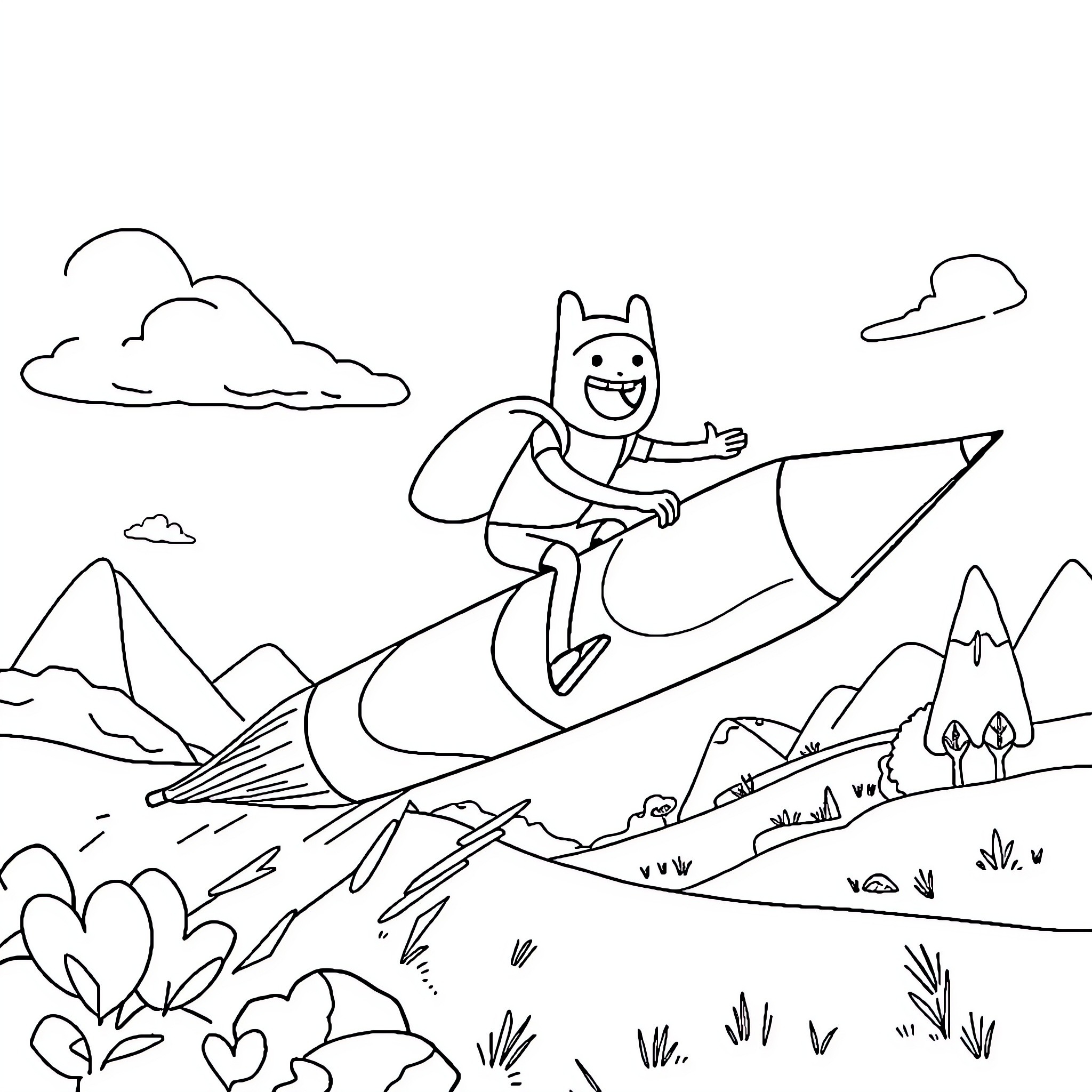 Finn riding a rocket through a mountain landscape Coloring Page (free black-and-white line drawing printable PDF for all, from beginners to advanced learners, including children, teens, adults, and seniors)