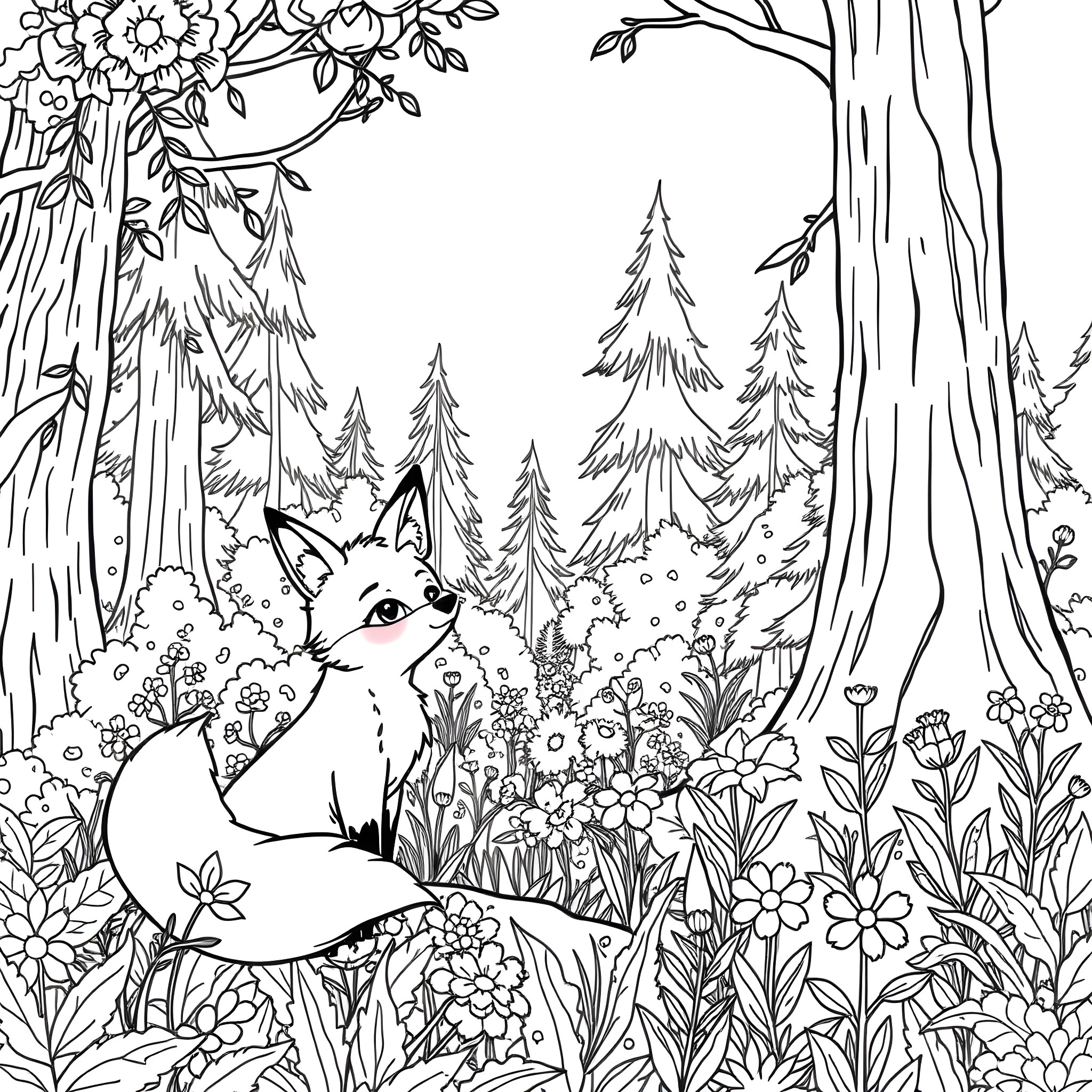 Fox resting in a lush forest landscape Coloring Page (free black-and-white line drawing printable PDF for all, from beginners to advanced learners, including children, teens, adults, and seniors)