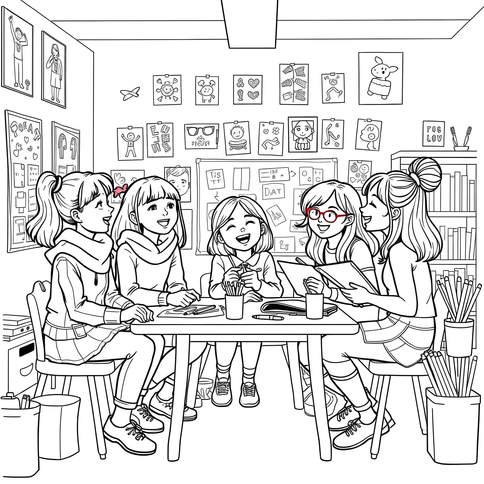 Astrid and her friends having a cozy chat in the art classroom Coloring Page (free black-and-white line drawing printable PDF for all, from beginners to advanced learners, including children, teens, adults, and seniors)