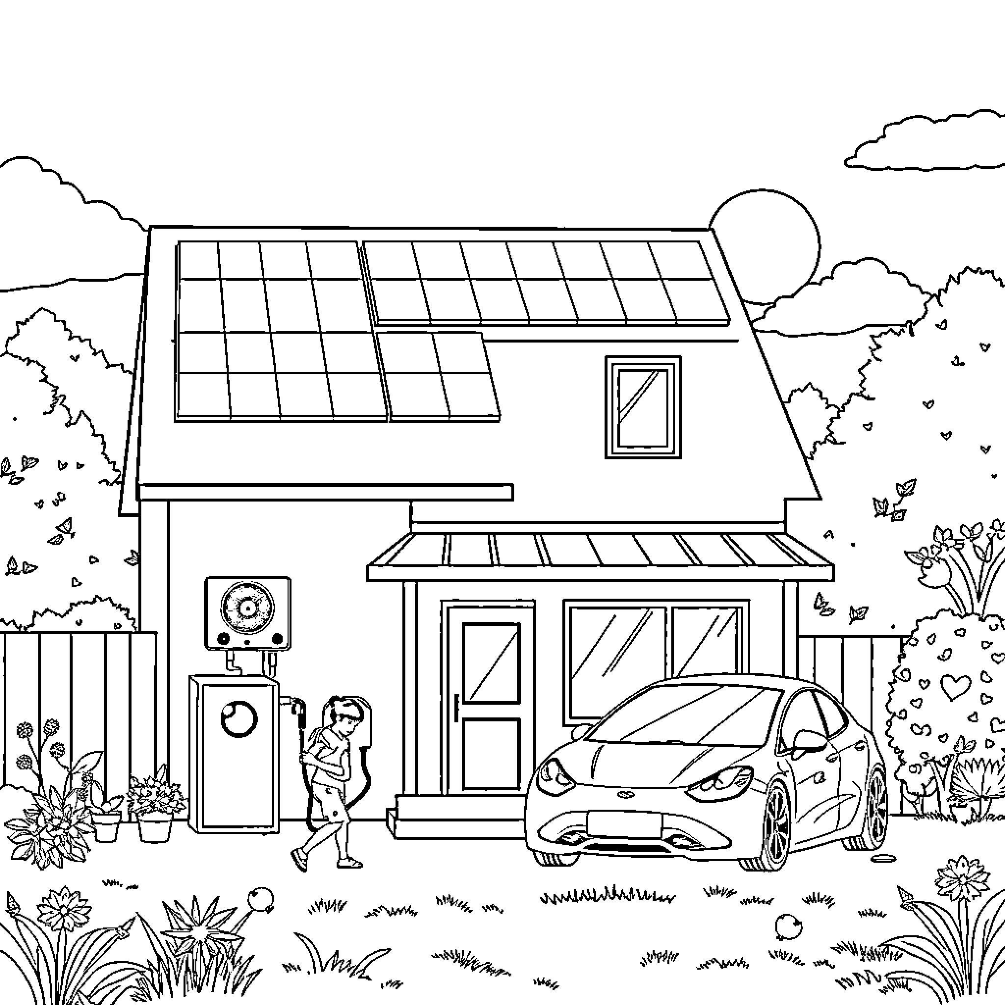 House with Solar Panels and Electric Car Coloring Page (free black-and-white line drawing printable PDF for all, from beginners to advanced learners, including children, teens, adults, and seniors)