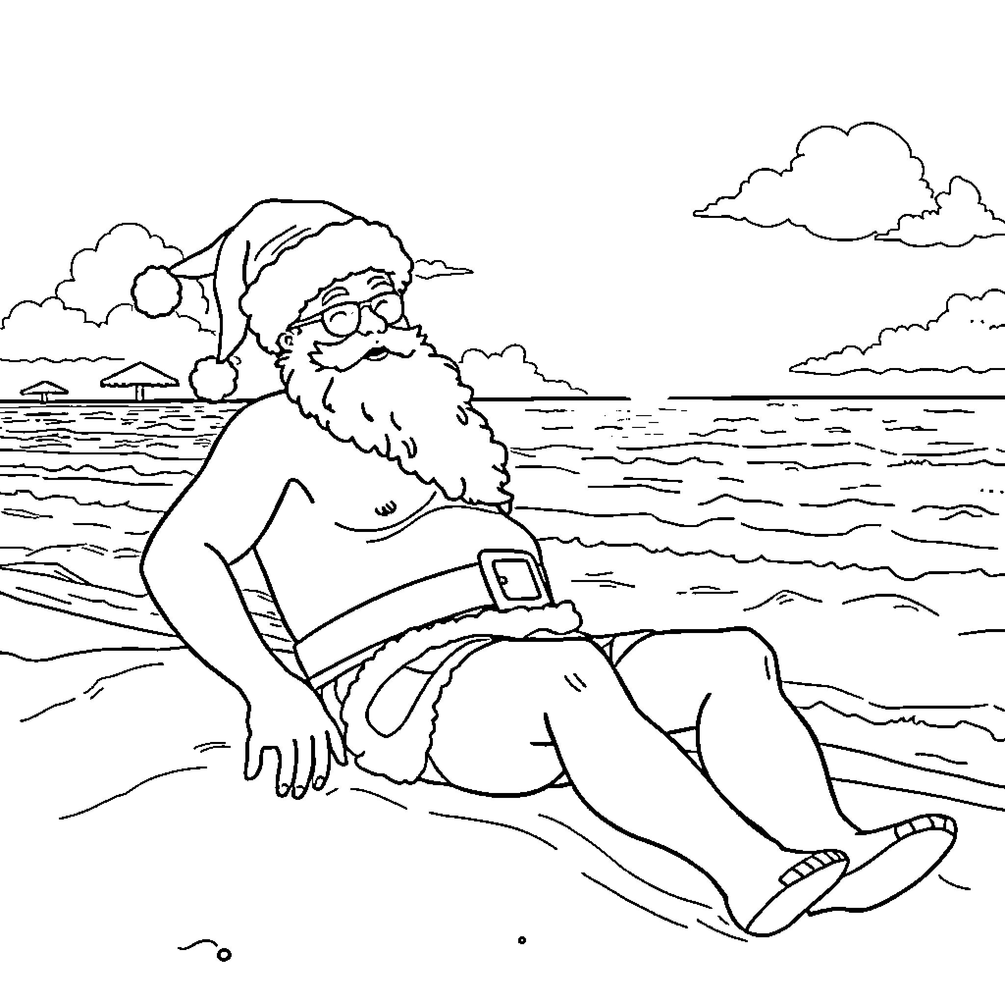 Santa relaxing on the beach Coloring Page (free black-and-white line drawing printable PDF for all, from beginners to advanced learners, including children, teens, adults, and seniors)