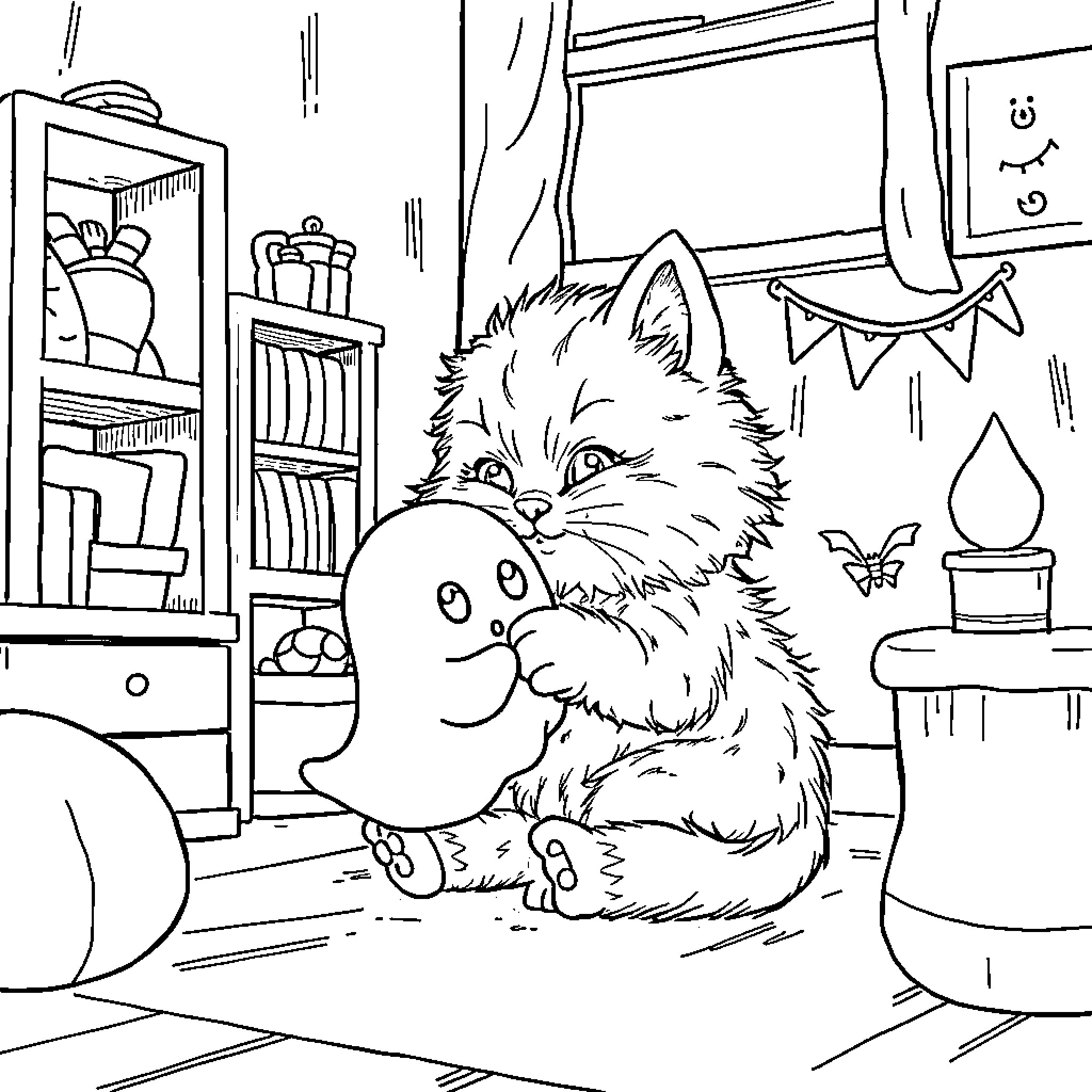 Cat Playing with Toys in Cozy Home Coloring Page (free black-and-white line drawing printable PDF for all, from beginners to advanced learners, including children, teens, adults, and seniors)