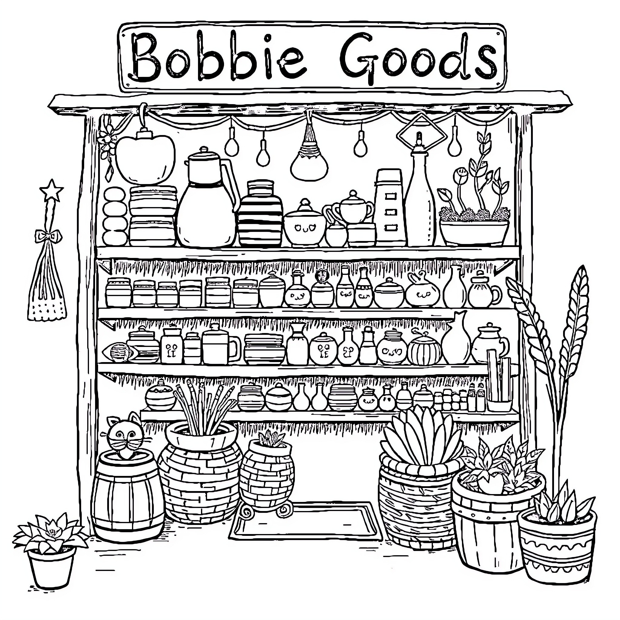 Bobbie Goods: Shelves full of kitchen and household items Coloring Page (free black-and-white line drawing printable PDF for all, from beginners to advanced learners, including children, teens, adults, and seniors)