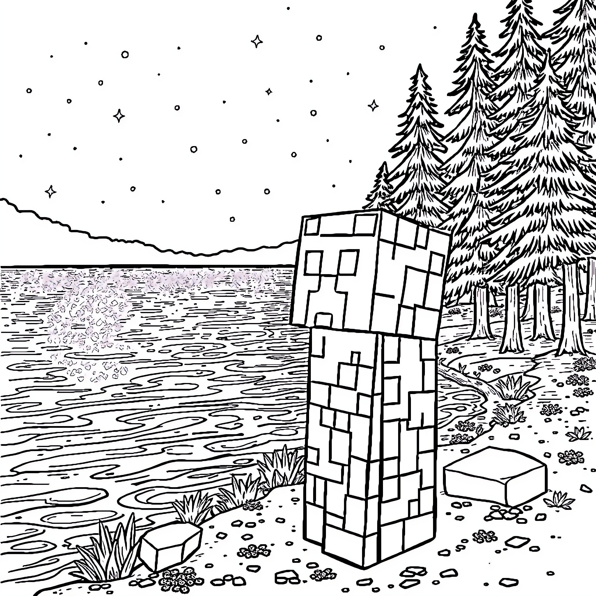 Creeper roaming the serene winter landscape Coloring Page (free black-and-white line drawing printable PDF for all, from beginners to advanced learners, including children, teens, adults, and seniors)
