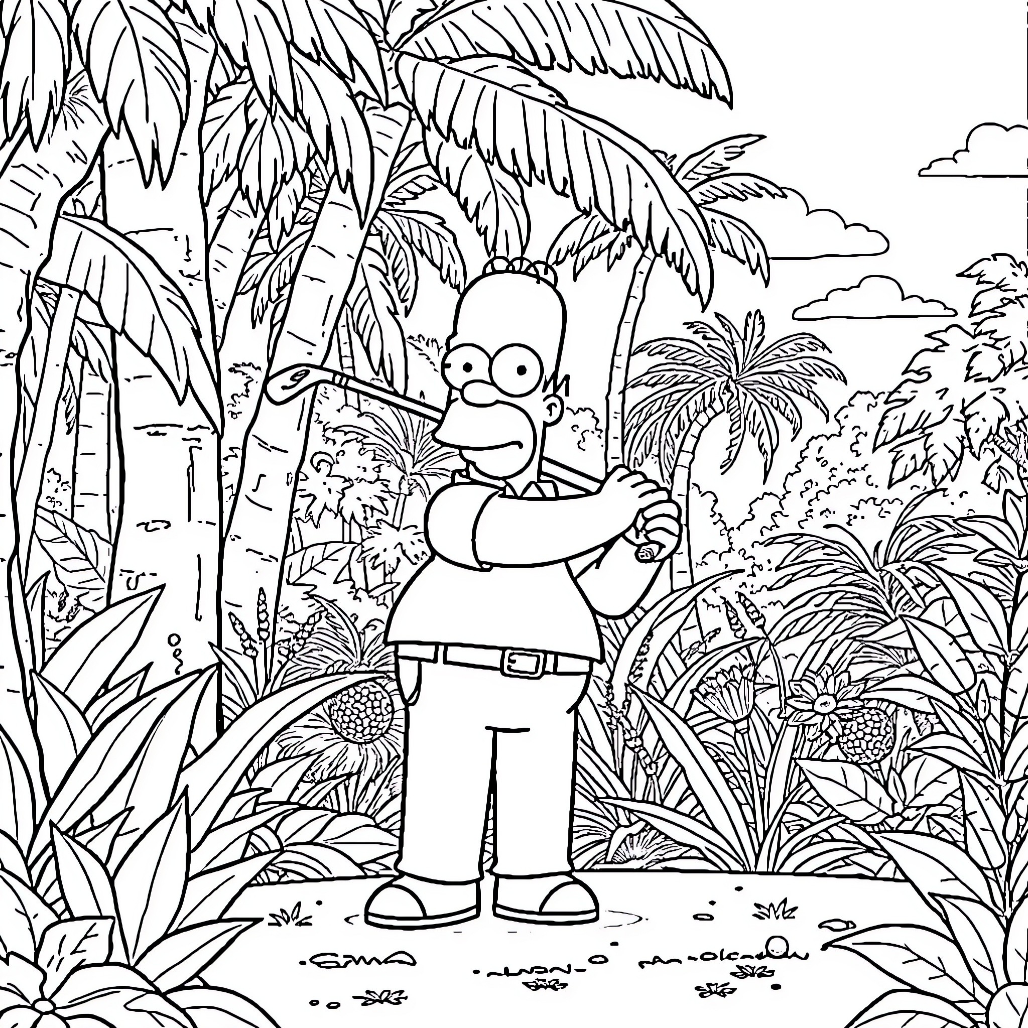 Homer Simpson exploring a lush tropical jungle Coloring Page (free black-and-white line drawing printable PDF for all, from beginners to advanced learners, including children, teens, adults, and seniors)