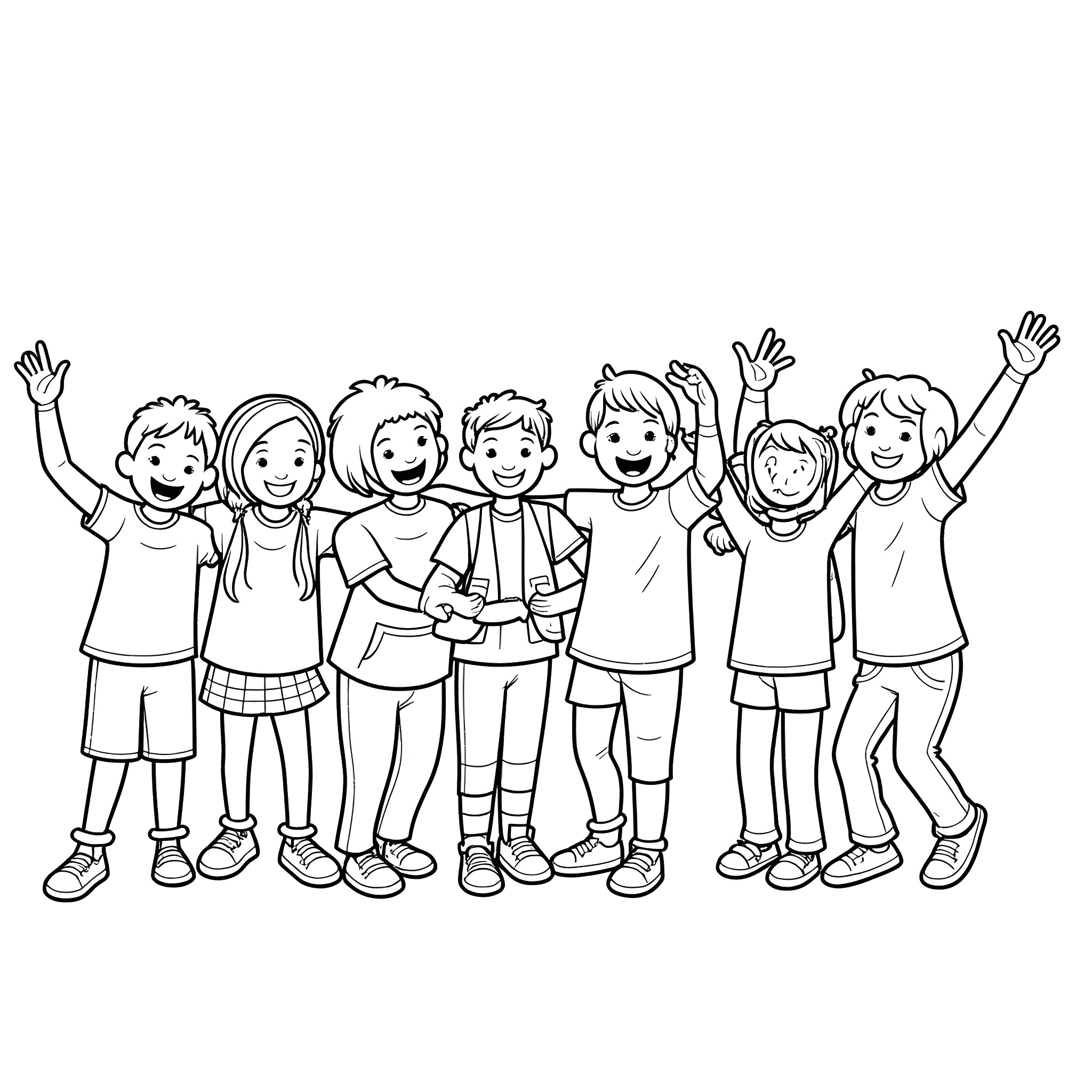 Students joyfully gathered together Coloring Page (free black-and-white line drawing printable PDF for all, from beginners to advanced learners, including children, teens, adults, and seniors)