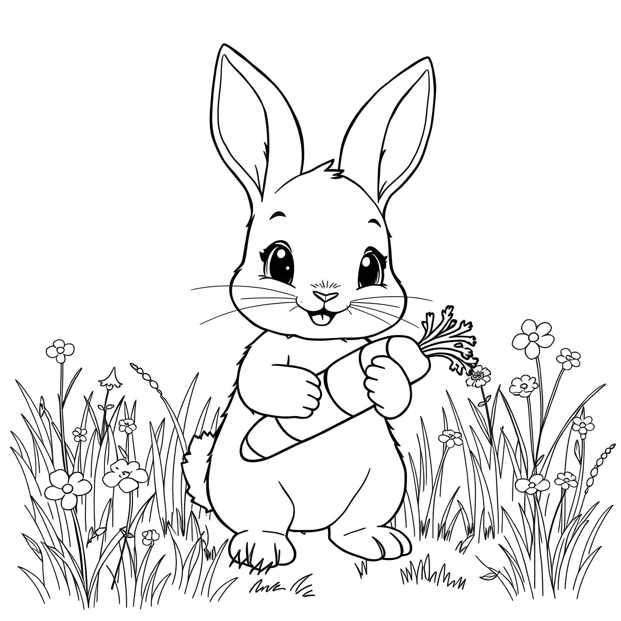 Boy Rabbit enjoying nature with cute expression Coloring Page (free black-and-white line drawing printable PDF for all, from beginners to advanced learners, including children, teens, adults, and seniors)