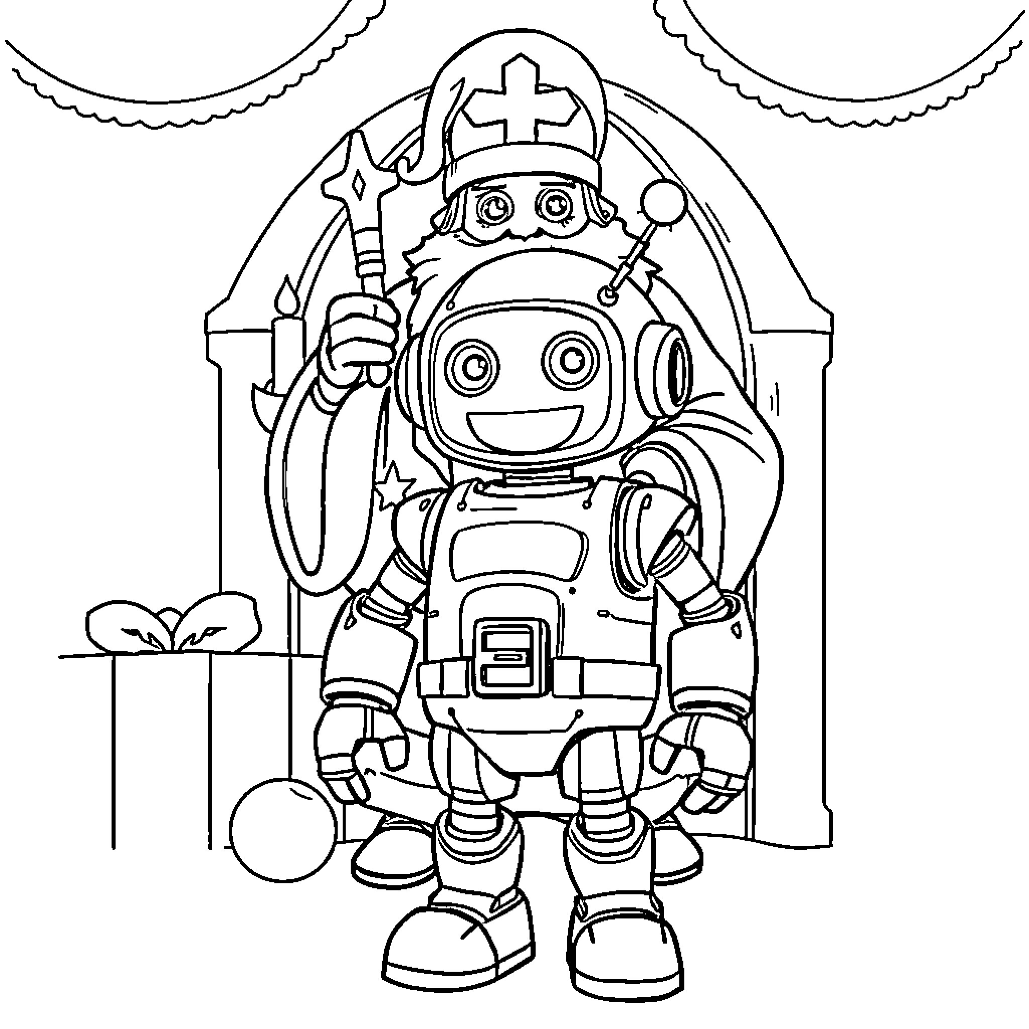 Robot Pope Blesses the Faithful Coloring Page (free black-and-white line drawing printable PDF for all, from beginners to advanced learners, including children, teens, adults, and seniors)