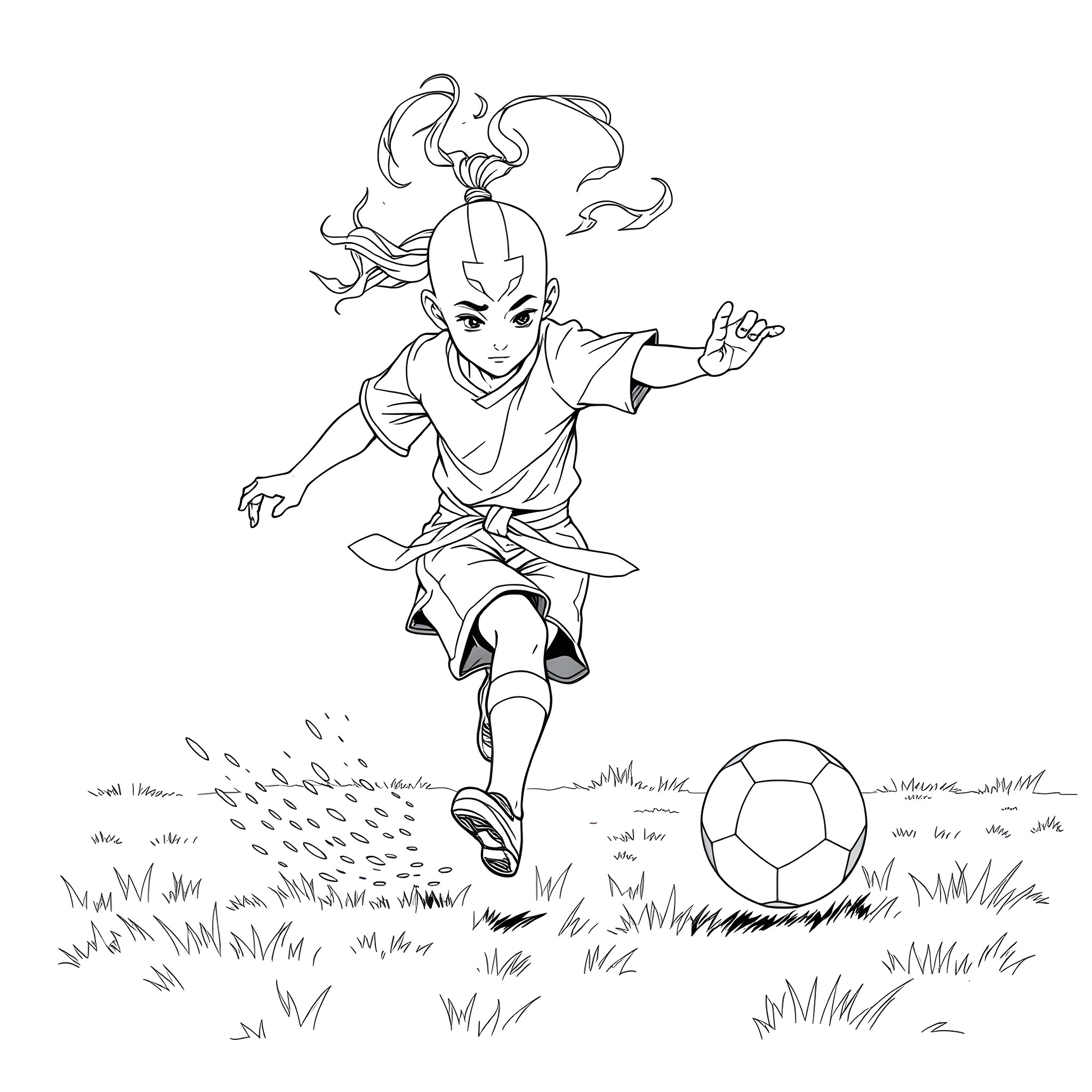 Aang playfully airbending with a soccer ball Coloring Page (free black-and-white line drawing printable PDF for all, from beginners to advanced learners, including children, teens, adults, and seniors)