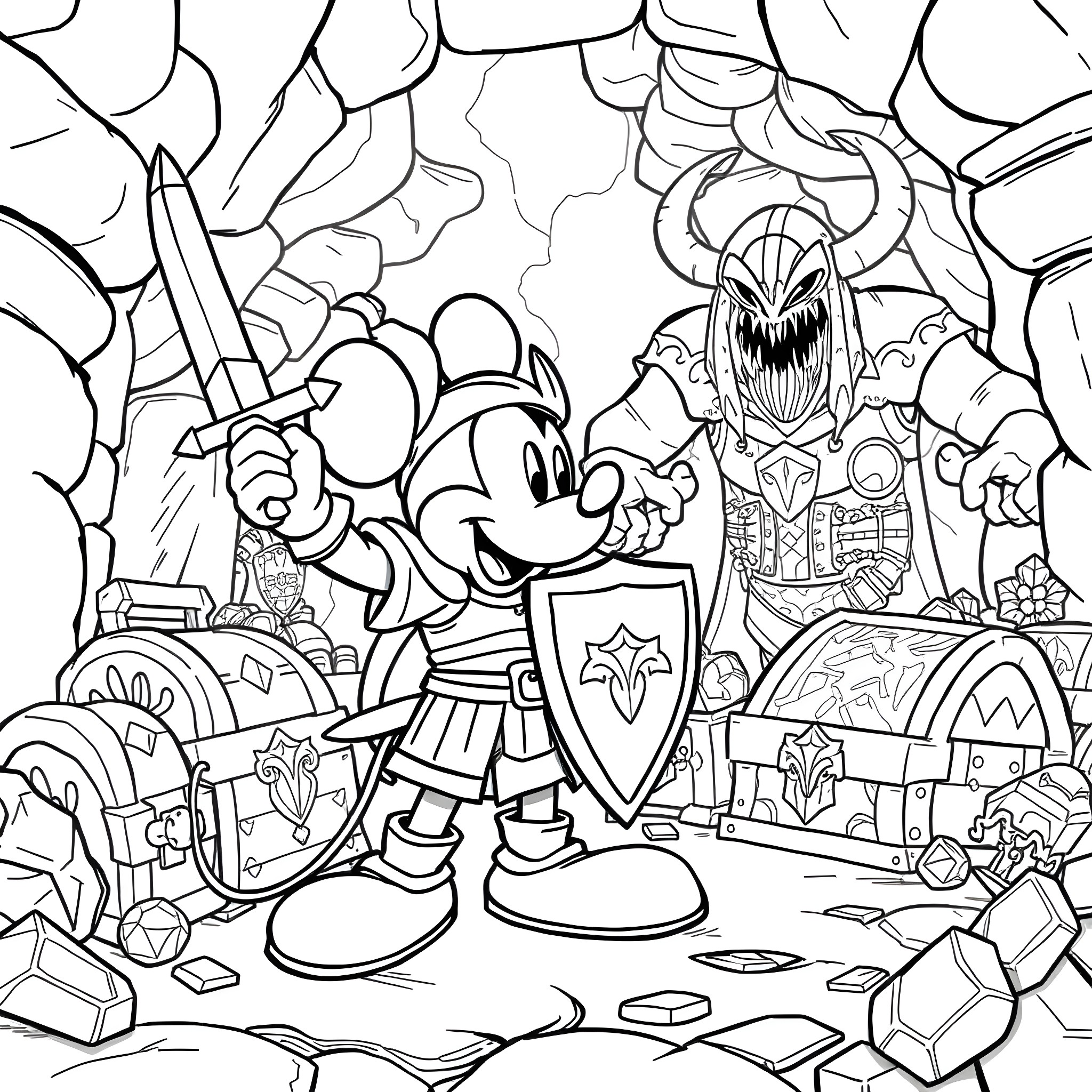 Mickey Mouse battling a fearsome monster in a fantasy realm Coloring Page (free black-and-white line drawing printable PDF for all, from beginners to advanced learners, including children, teens, adults, and seniors)