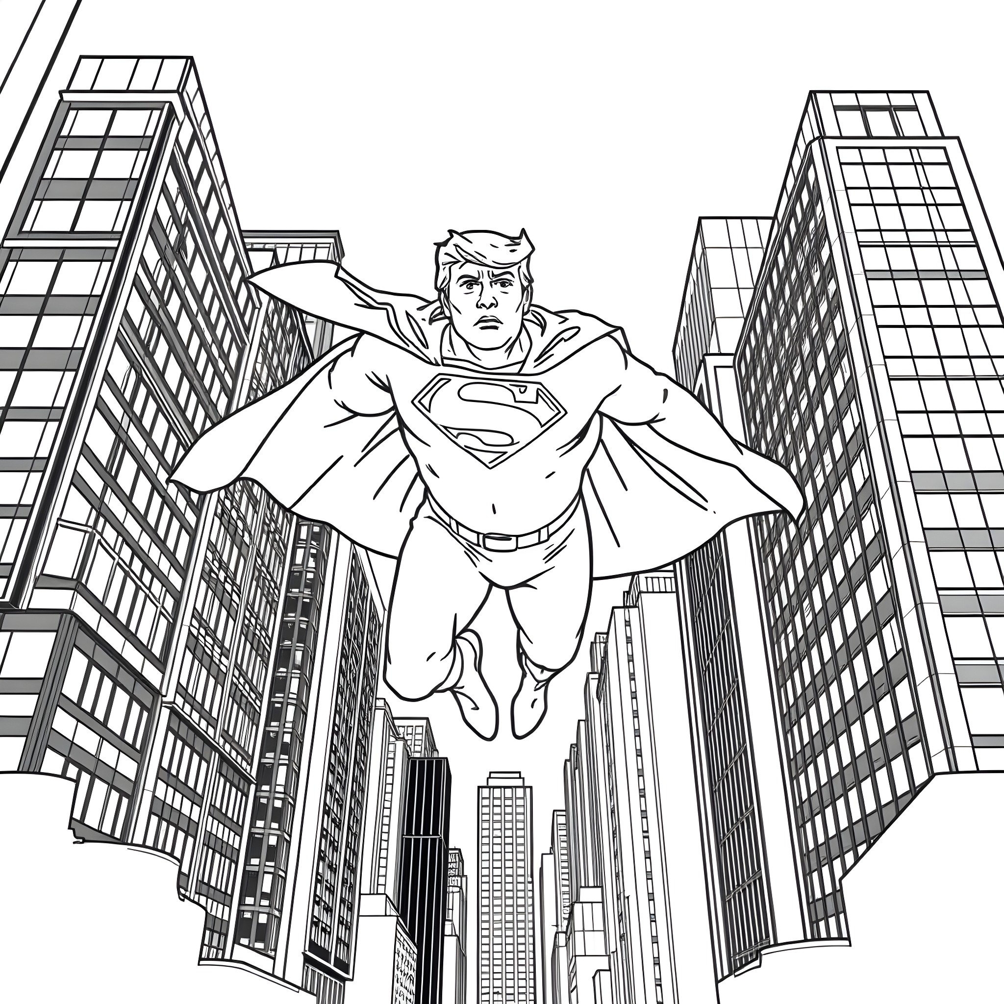 Trump Heroically Soaring Over City Skyline Coloring Page (free black-and-white line drawing printable PDF for all, from beginners to advanced learners, including children, teens, adults, and seniors)