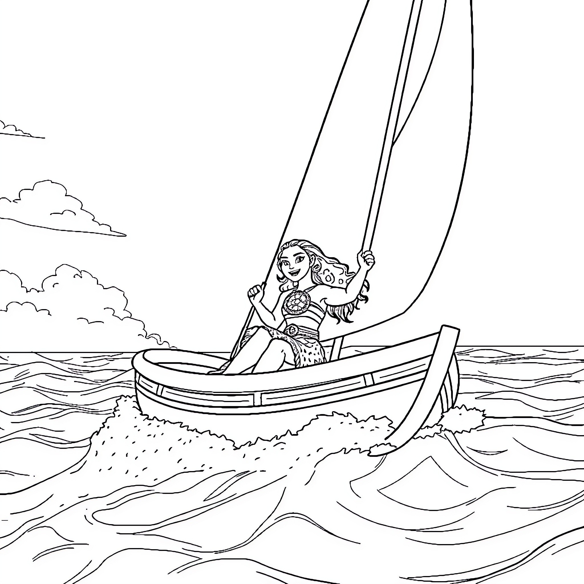 Moana sailing a boat on the open sea Coloring Page (free black-and-white line drawing printable PDF for all, from beginners to advanced learners, including children, teens, adults, and seniors)